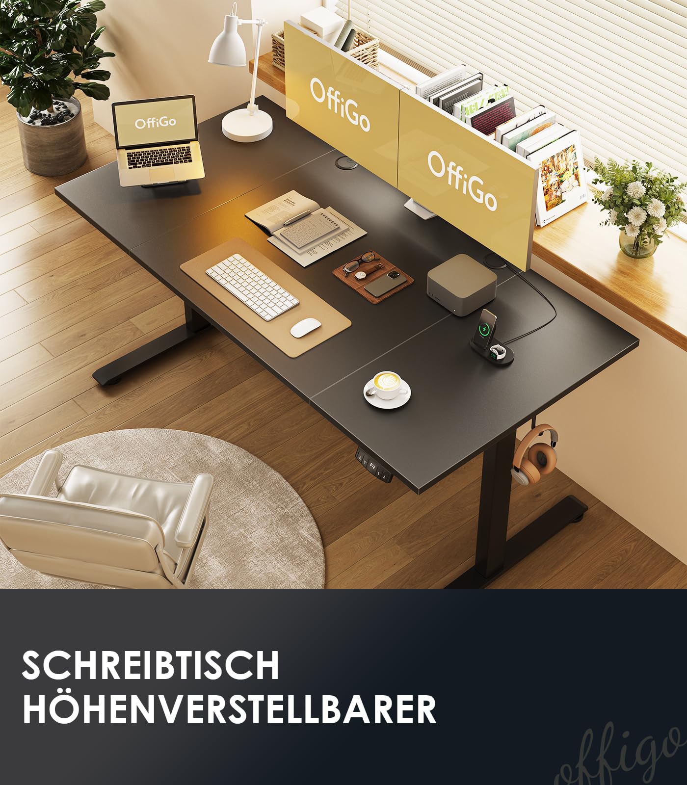 OffiGo Höhenverstellbarer Schreibtisch, 120 cm Elektrischer Schreibtisch, Ergonomischer Tisch mit Memory-Funktion, Gaming Tisch Höhenverstellbar, Moderner Computertisch für Zuhause und Büro, Weiß