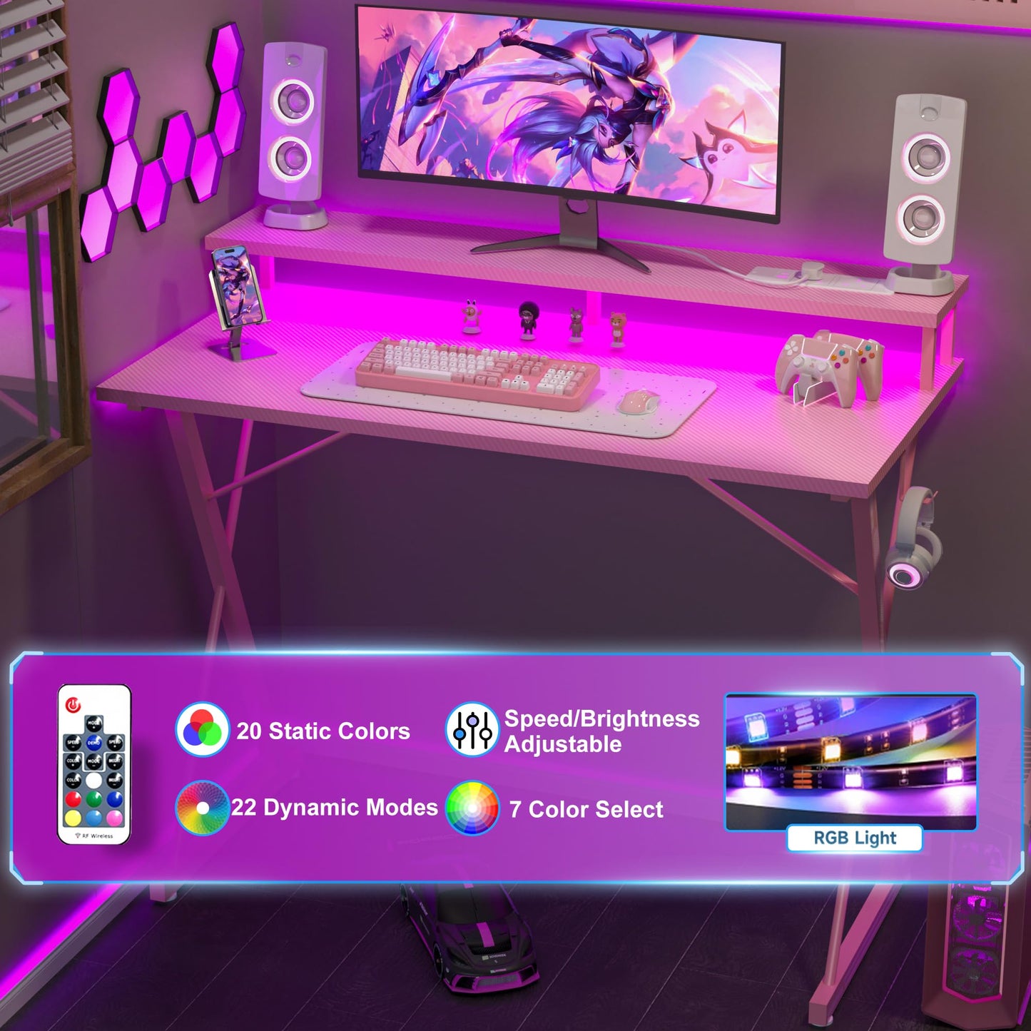 BEXEVUE Gaming Schreibtisch mit Steckdosenleiste LED – 100x50 cm Ergonomic Computer Gamer Tisch, Großer PC Monitorständer, Moderner X Rahmen, Kopfhörerhaken, Studium Arbeit Zuhause Schlafzimmer