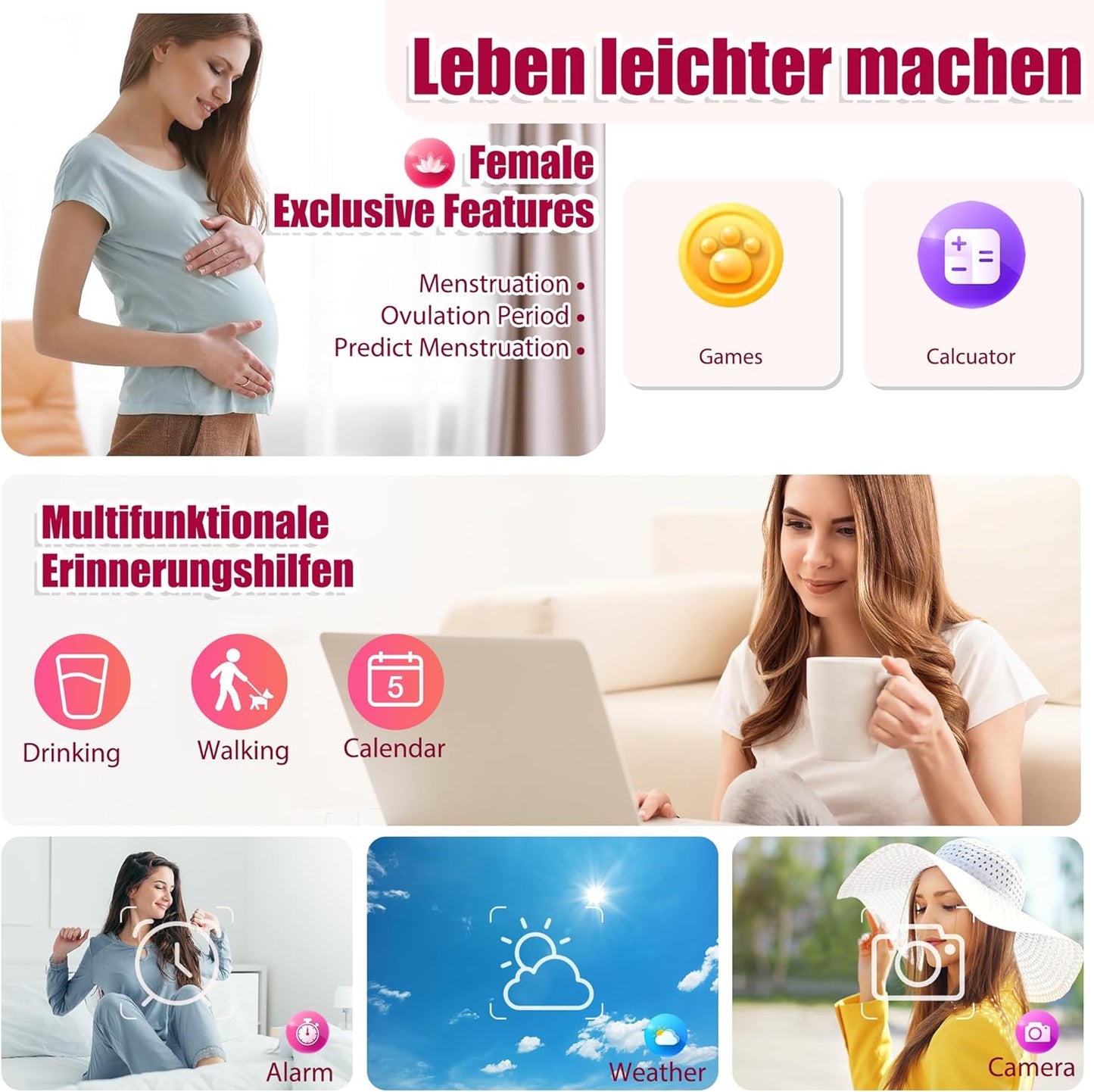 Smartwatch Damen mit Telefonfunktion 1.19" AMOLED Touchscreen IP68 Diamond Smart Watch mit Blutdruckmessung Pulsmesser Schlafmonitor SpO2 Menstruationszyklus für iOS Android (Rosegold)