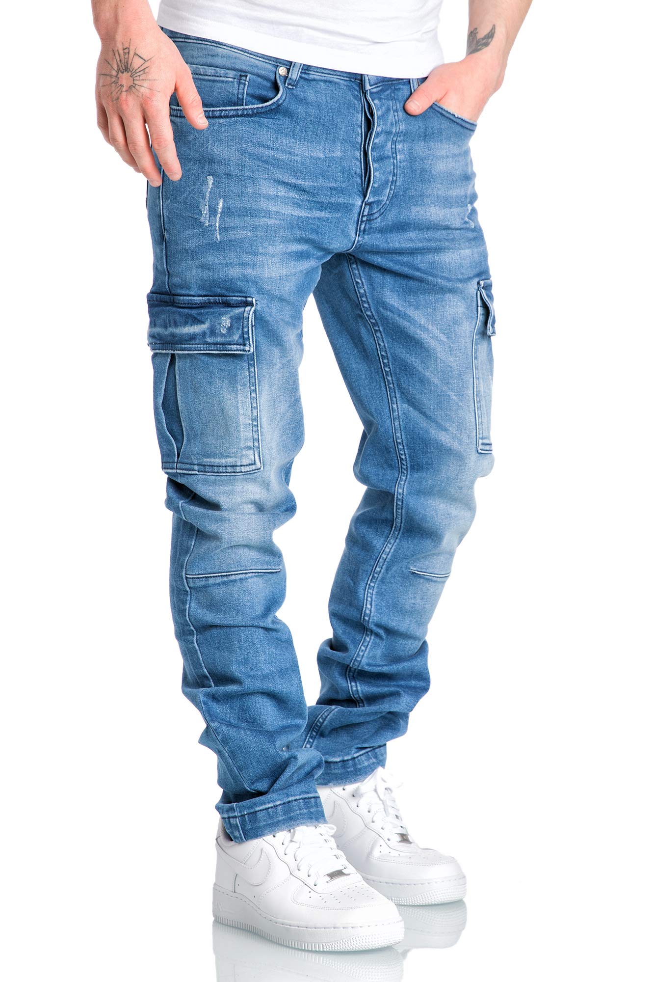 Amaci&Sons Men’s Cargo Jeans – Regular Slim Fit Destroyed Denim Pants