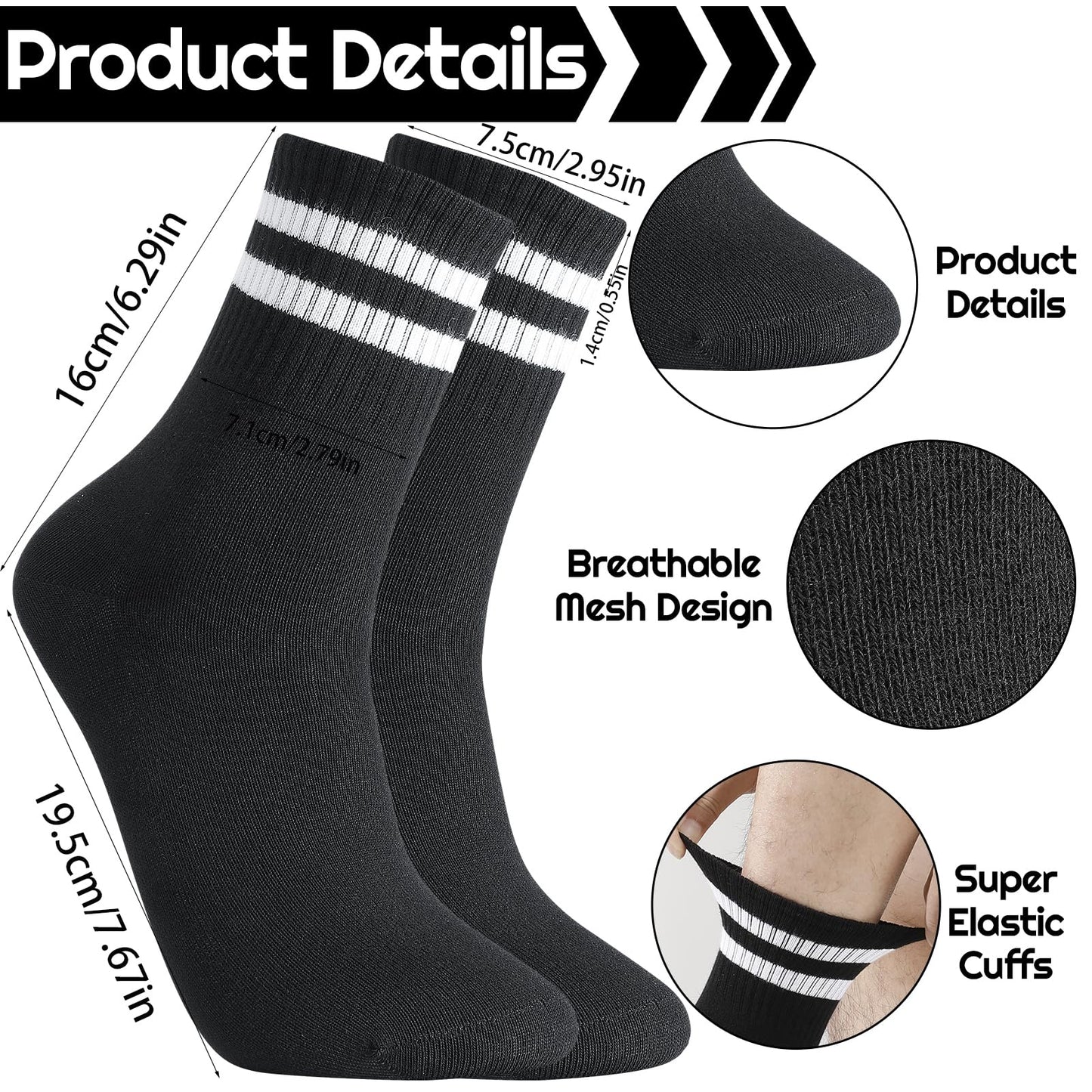 Taonganui Men’s Tennis Socks – 6-Pack Striped Cotton Sports Socks