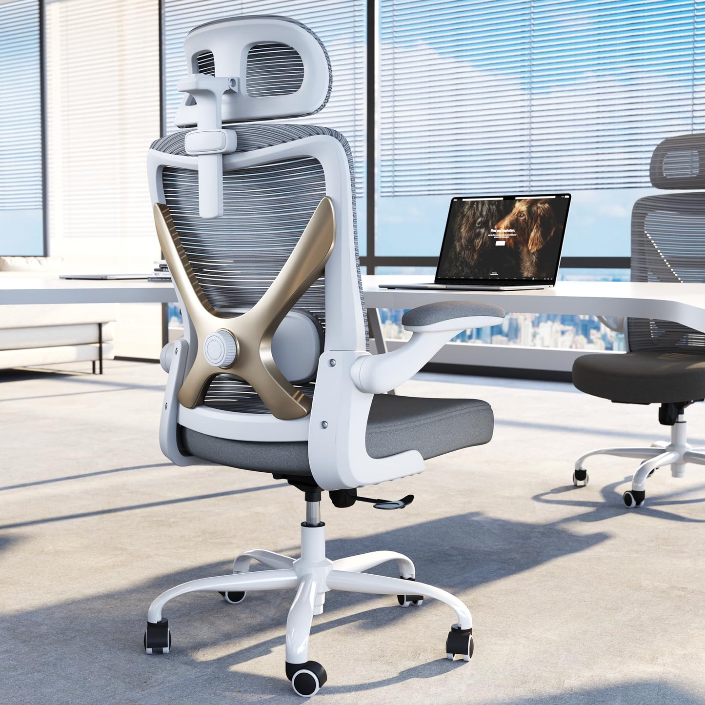 TRALT Ergonomischer Bürostuhl - X-förmiger bequemer Computer-Bürostuhl, Gaming-Stuhl, Bürostuhl mit Lendenwirbelstütze, Netz-Bürostuhl mit Kopfstütze (Grau-Silber)