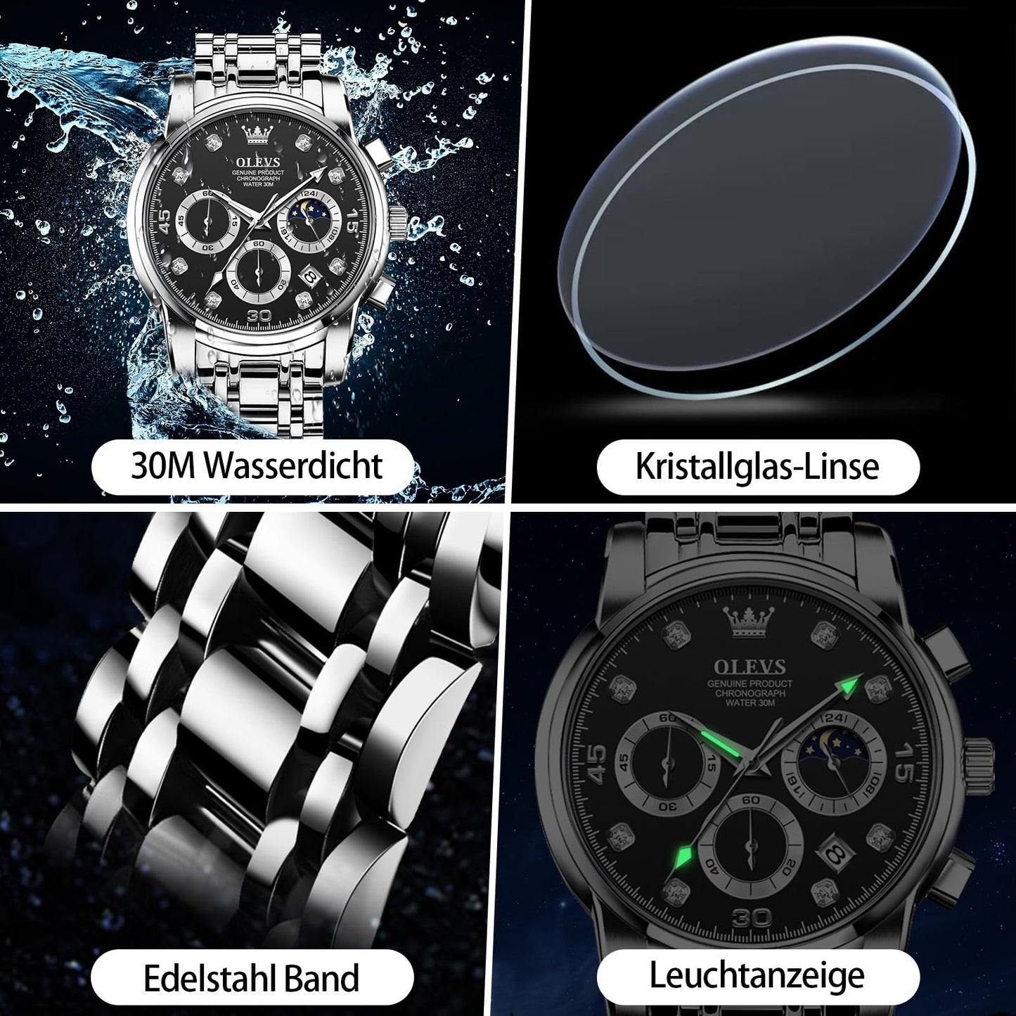 OLEVS Uhren Herren, Edelstahl Analoger Quarzuhr, Multifunktionale Diamanten Herrenuhren, Klassisches Luxuskleid Herrenuhr