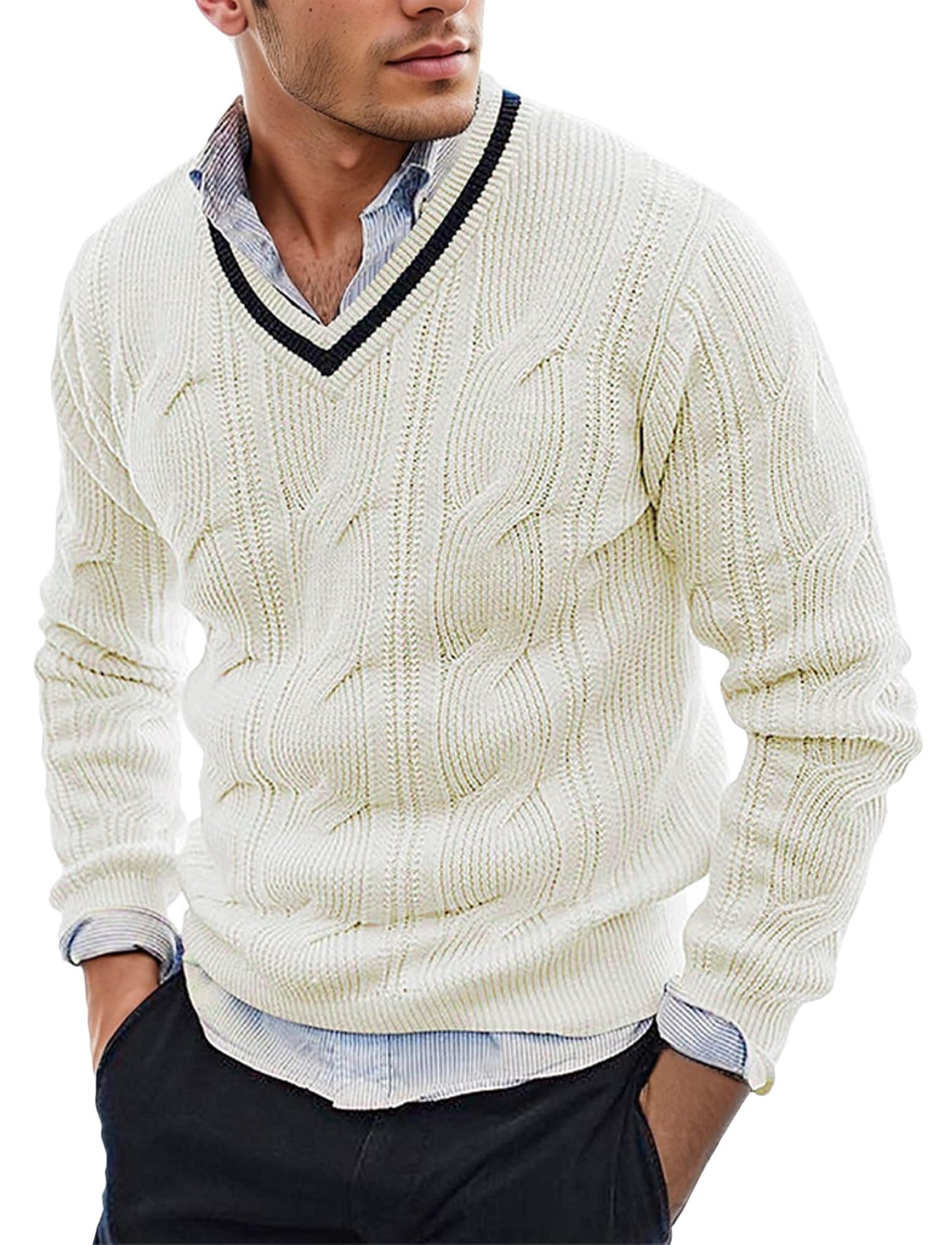AIEOE Men’s V-Neck Cable Knit Sweater – Long Sleeve Casual Pullover