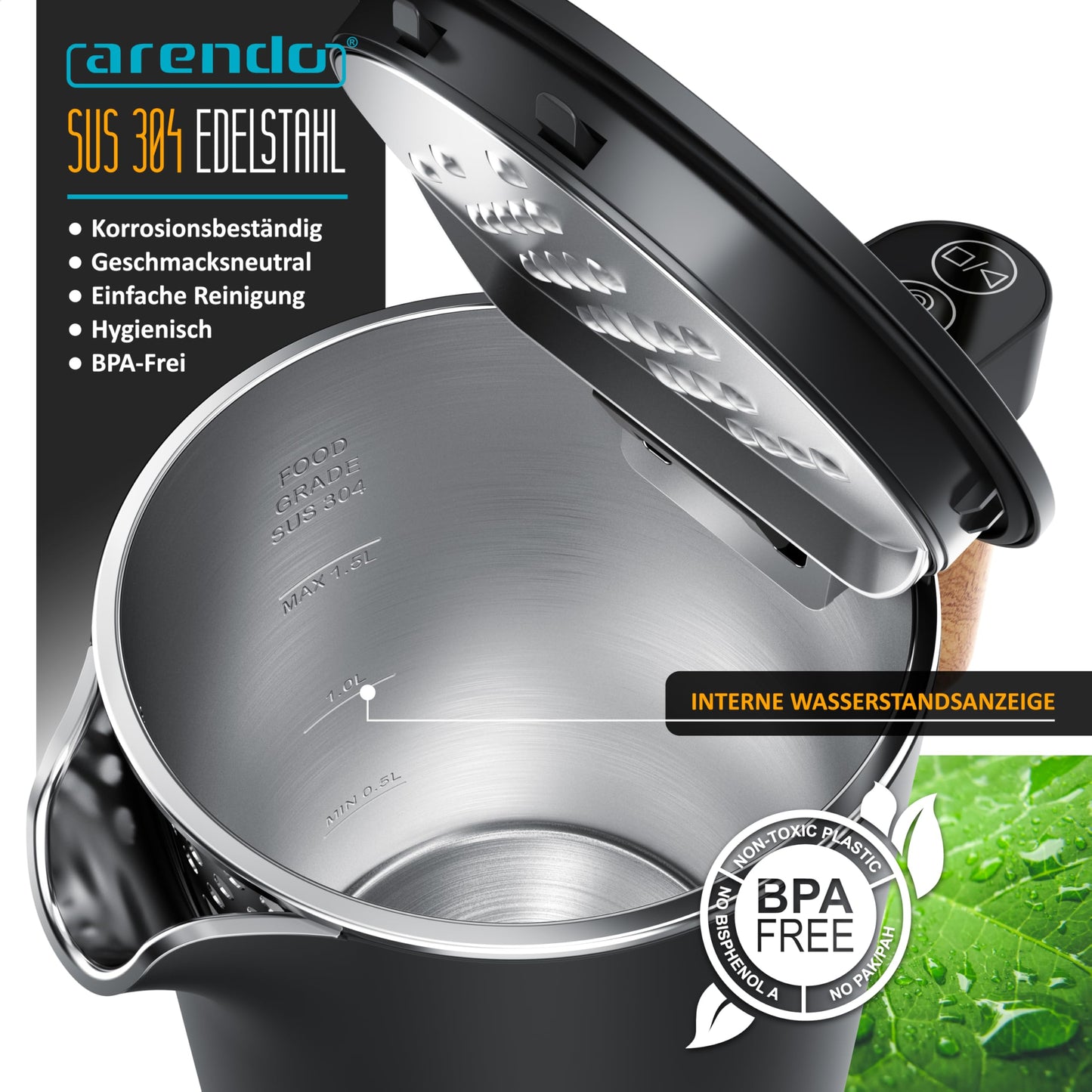 Arendo - Stainless Steel Kettle with Temperature Setting - 45°C-100°C - 1.5 Litre - Double Wall - BPA Free - Keep Warm Function - Tea Maker with Temperature Indicator - Cool Touch Handle - Black