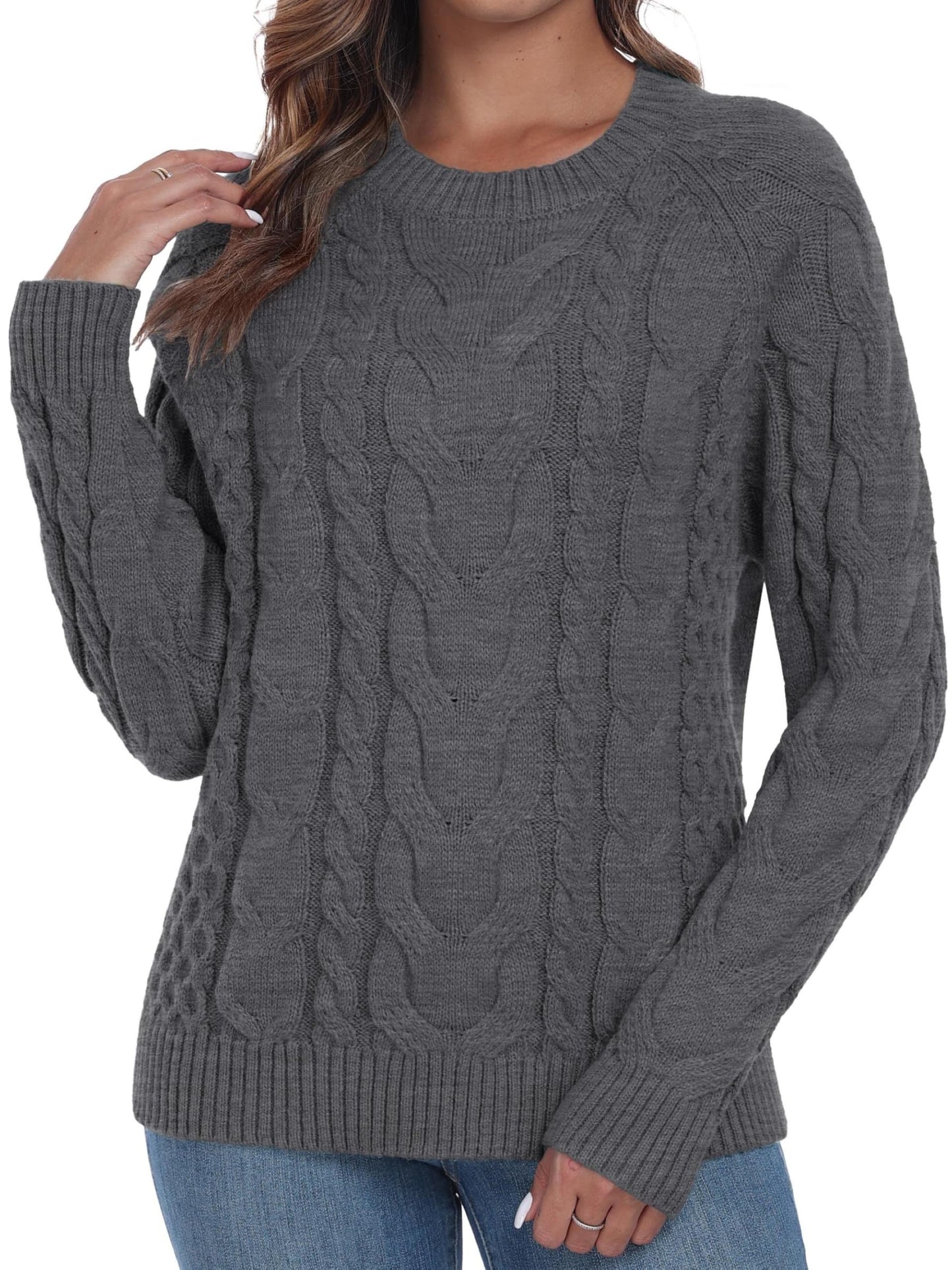 QIXING Women's Cable Knit Sweater – Elegant Long Sleeve Round Neck Winter Pullover