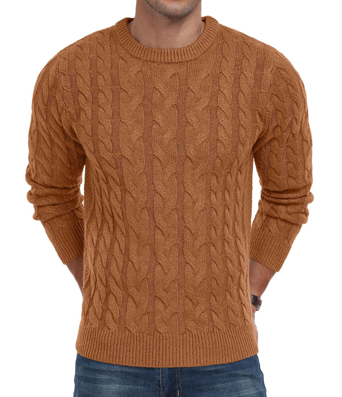 QIXING Men’s Cable Knit Sweater – Chunky Crewneck Pullover