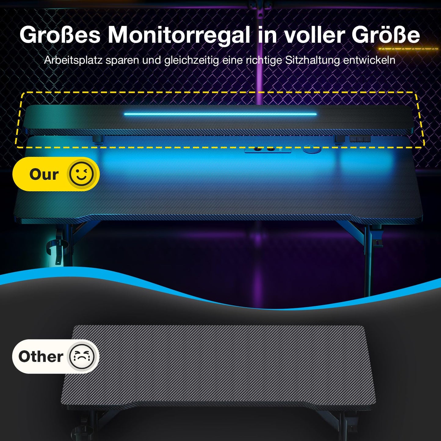 ODK Gaming Tisch, Kleiner Gaming Schreibtisch mit LED Beleuchtung & Steckdosen, Computertisch mit Monitorablage, Carbon Fiber Schwarz PC Gamer Tisch 100cm