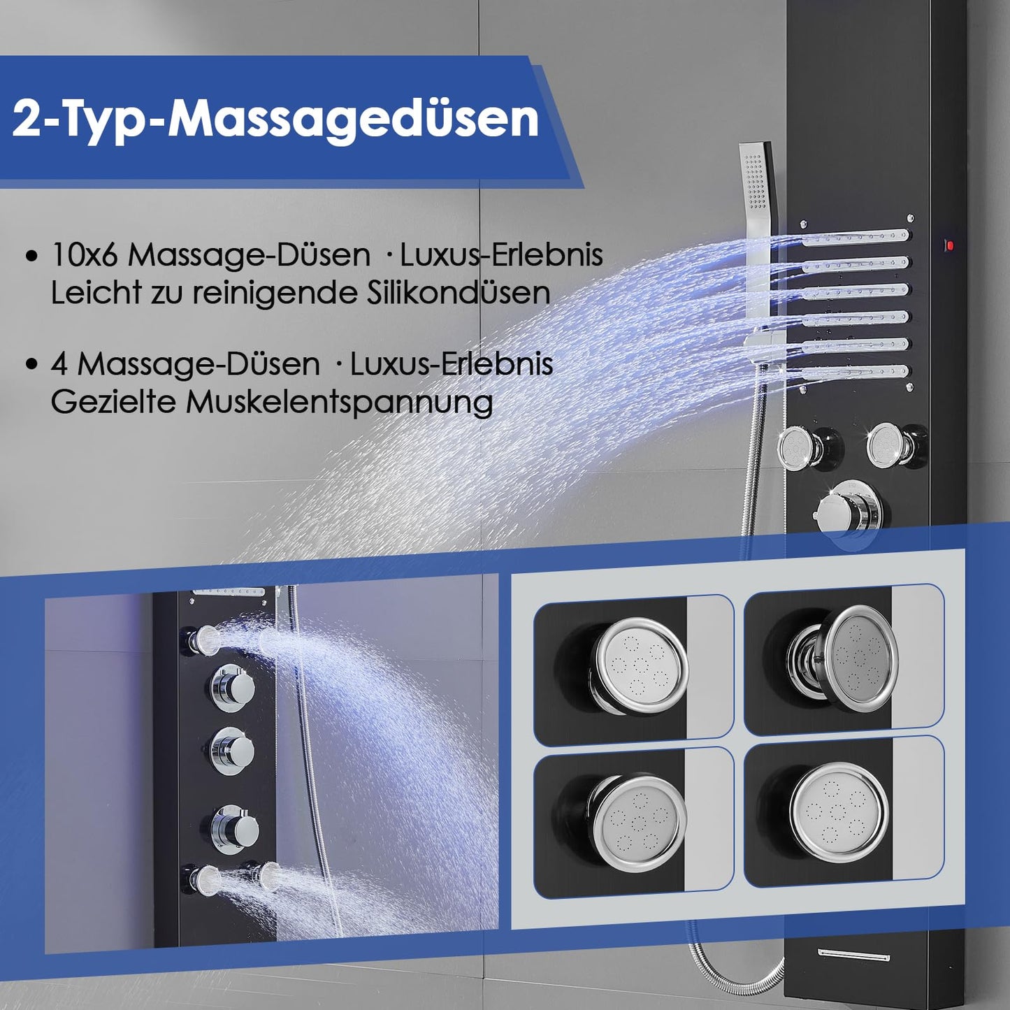 LED Duschpaneel mit Thermostat, OUGOO 6 Funktionen Duschpaneel mit Armatur, Regendusche, Wasserfalldusche, 2-Typ-Massagedüsen, Handbrause und Badewanneneinlauf, 304 Edelstahl, Schwarz
