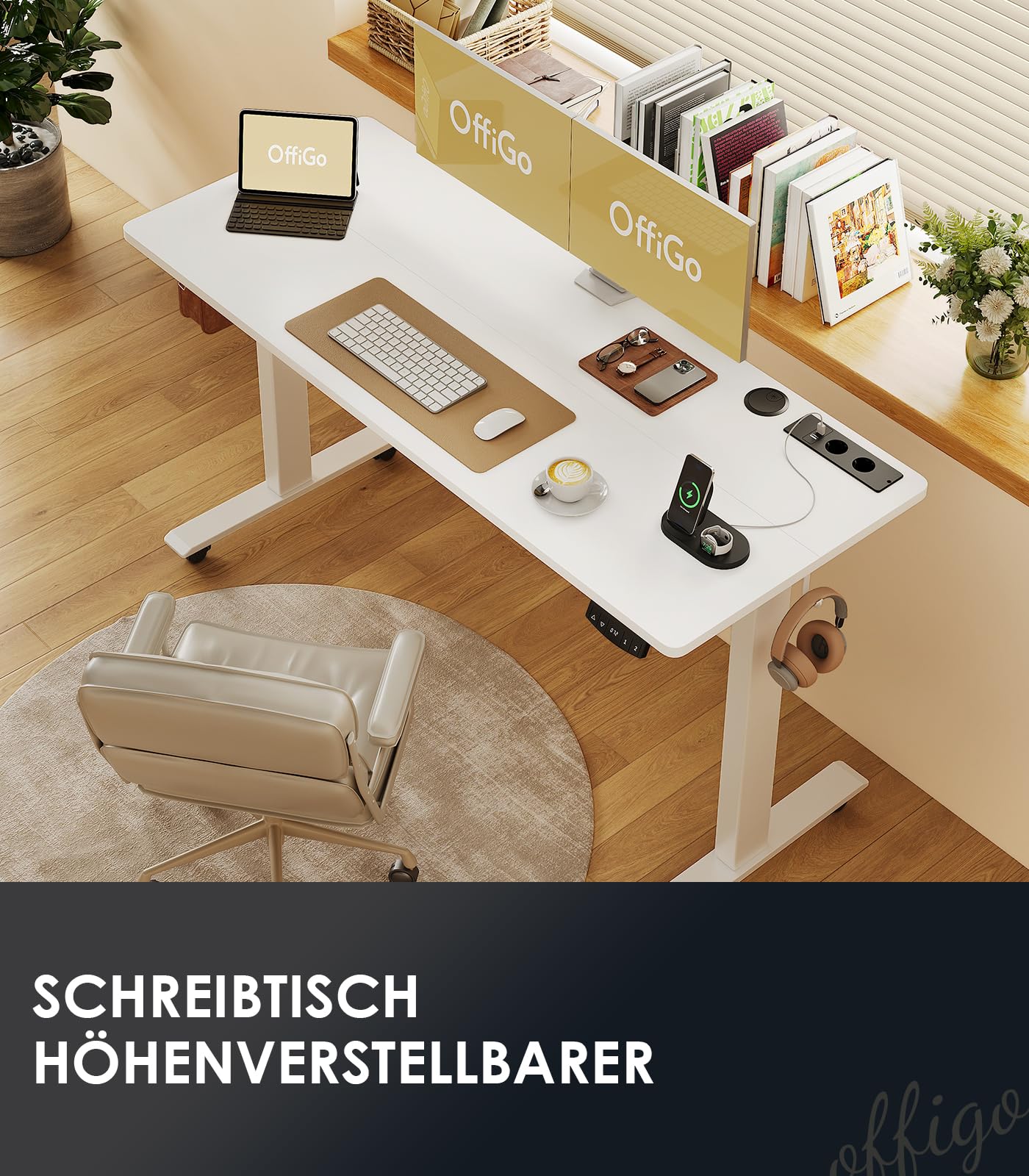 OffiGo Höhenverstellbarer Schreibtisch, 180cm, Elektrischer Schreibtisch mit USB, Schreibtisch Höhenverstellbar mit 2 Memory Funktion, Tisch Höhenverstellbar für Büro, Zuhause, Gaming, Schwarz
