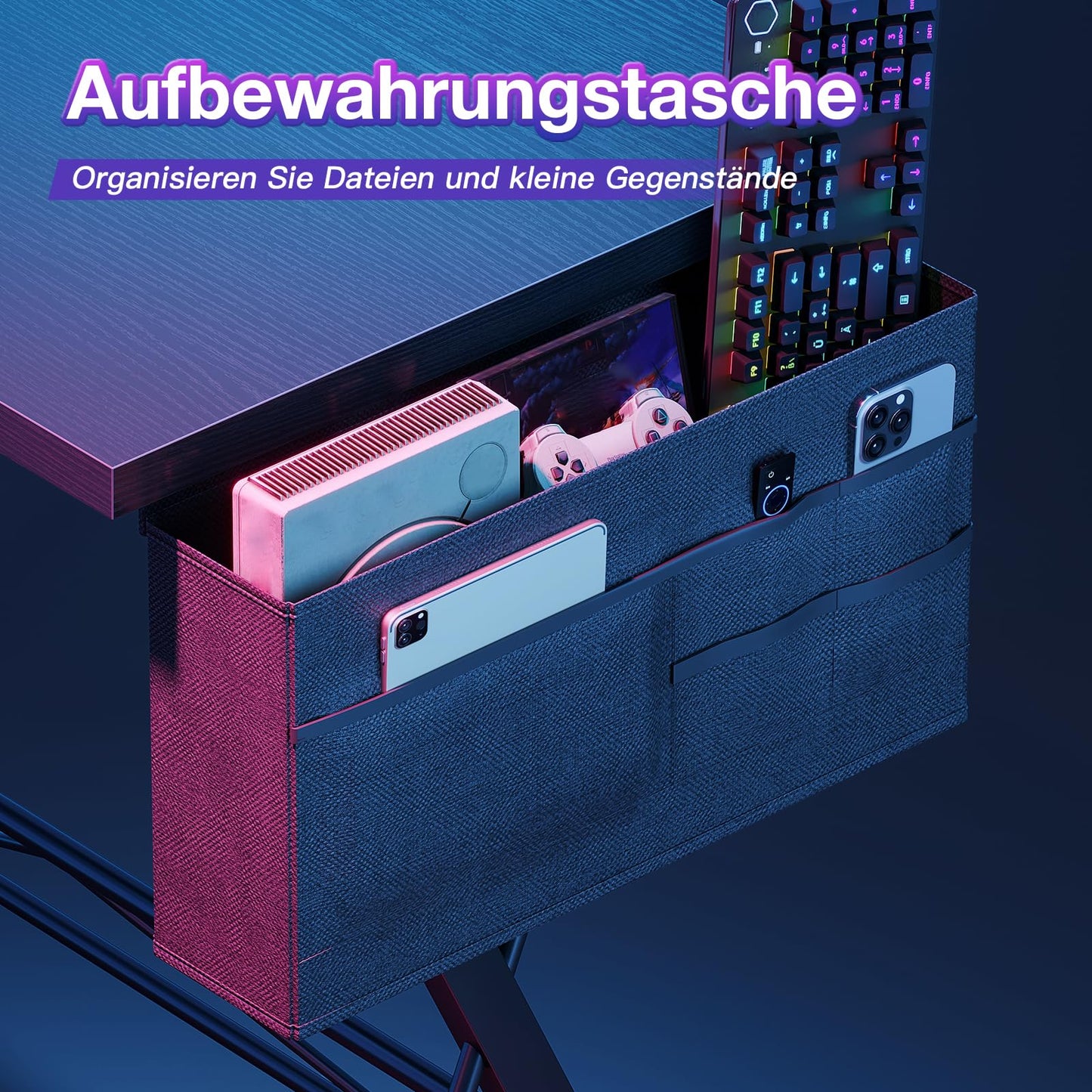 ODK Gaming Tisch, Computertisch mit 2 Steckdosen und 2 USB Ladeanschluss, Gaming Schreibtisch mit runder Ecke, Gaming-Tisch mit Monitorablage, 127 x 127cm (Schwarz)