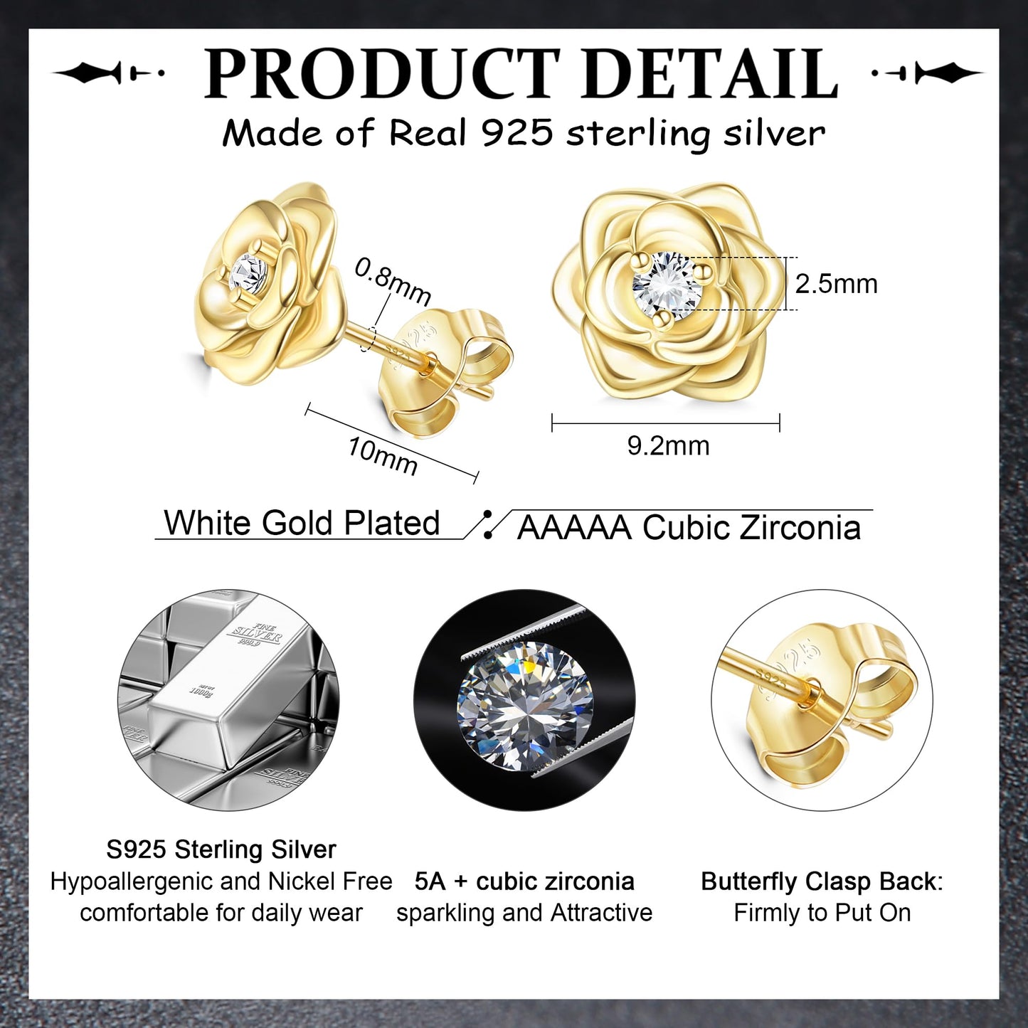 Small Rose Stud Earrings – 925 Sterling Silver with Zirconia