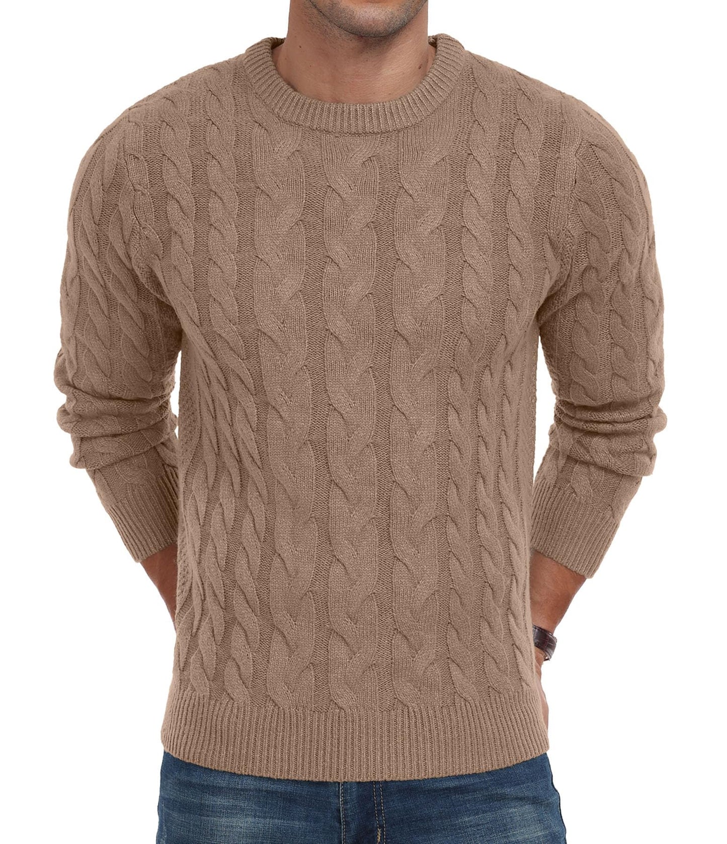 QIXING Men’s Cable Knit Sweater – Chunky Crewneck Pullover