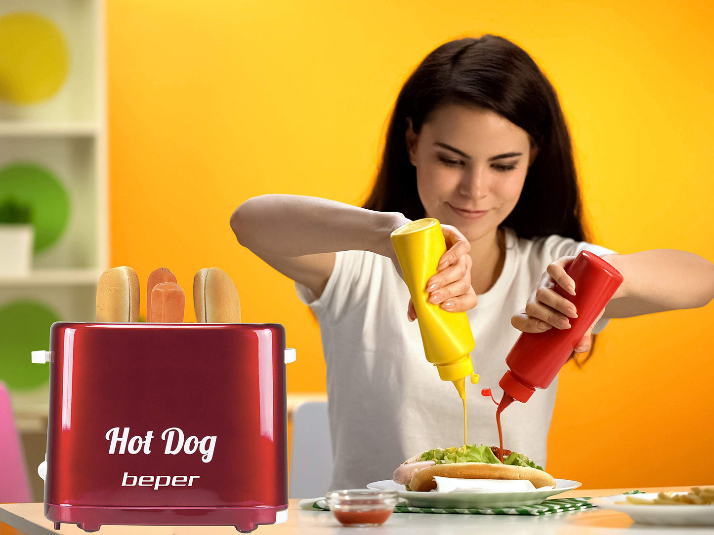 BEPER BT.150Y Hot Dog Maker mit 5 Kochstufen - Hot Dog Maschine im Vintage Design, Rot, 750 W