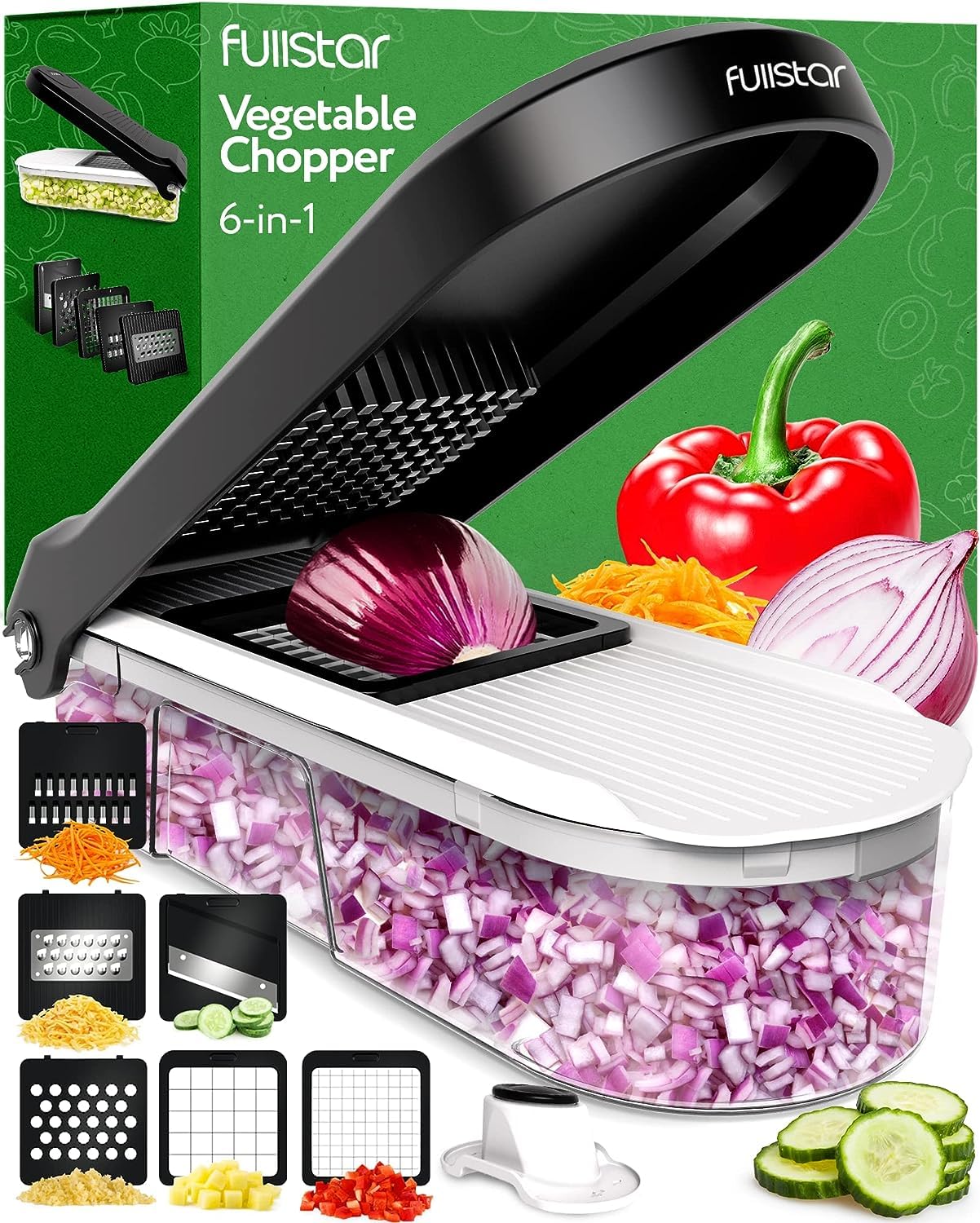 Gemüseschneider Mandoline Gemüsehobel - Gemüse Schneider Gurkenhobel Zwiebelschneider Kartoffelschneider Obstschneider - Reibe für Gemüse und Käse - Julienneschneider (6-in-1 Kompakt Weiß)