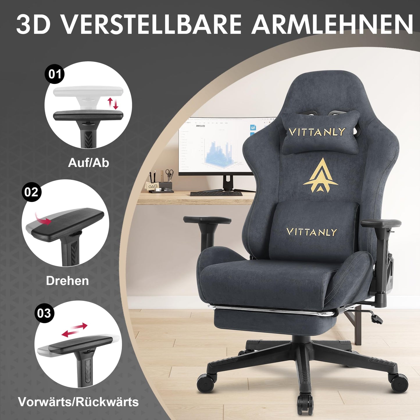 Vittanly Gaming Chair, Luxurious Breathable Imitation Suede Office Chair Gaming Chair, Ergonomic Gamer Chair with Footrest Headrest and Lumbar Cushion, 3D Armrests, 90-155° Backrest, Gray
