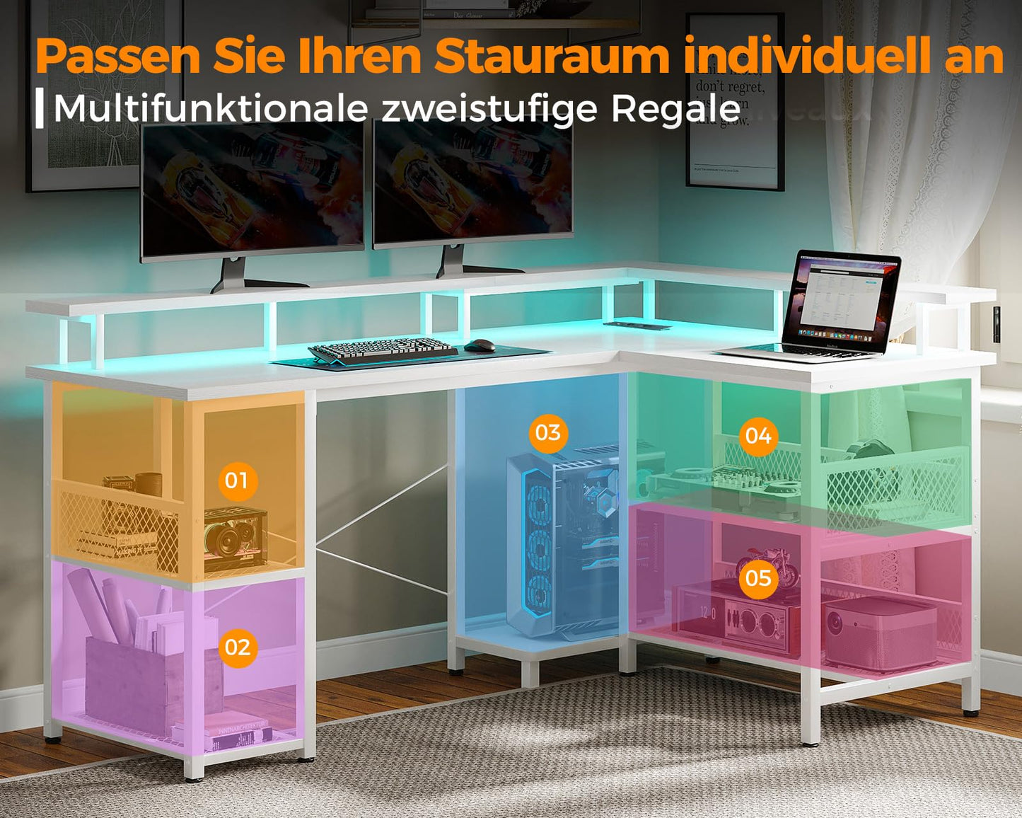 ODK Gaming Tisch mit LED, Reversibel Gaming Schreibtisch mit 2 Steckdosen & 2 USB-Ladeanschlüssen, Eckschreibtisch Groß mit Netzablage, Schwarz 150×102cm