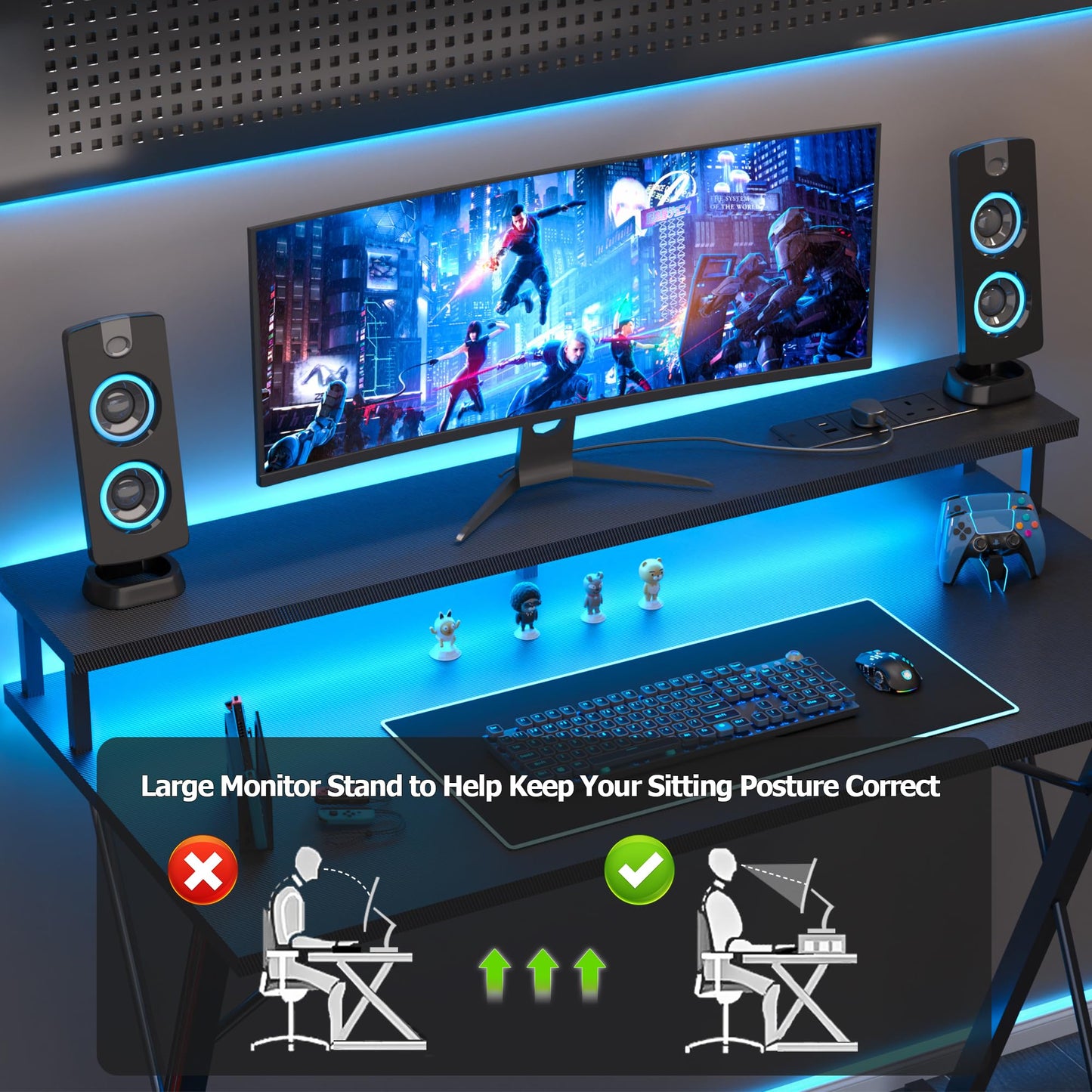 BEXEVUE Gaming Schreibtisch mit Steckdosenleiste LED – 100x50 cm Ergonomic Computer Gamer Tisch, Großer PC Monitorständer, Moderner X Rahmen, Kopfhörerhaken, Studium Arbeit Zuhause Schlafzimmer
