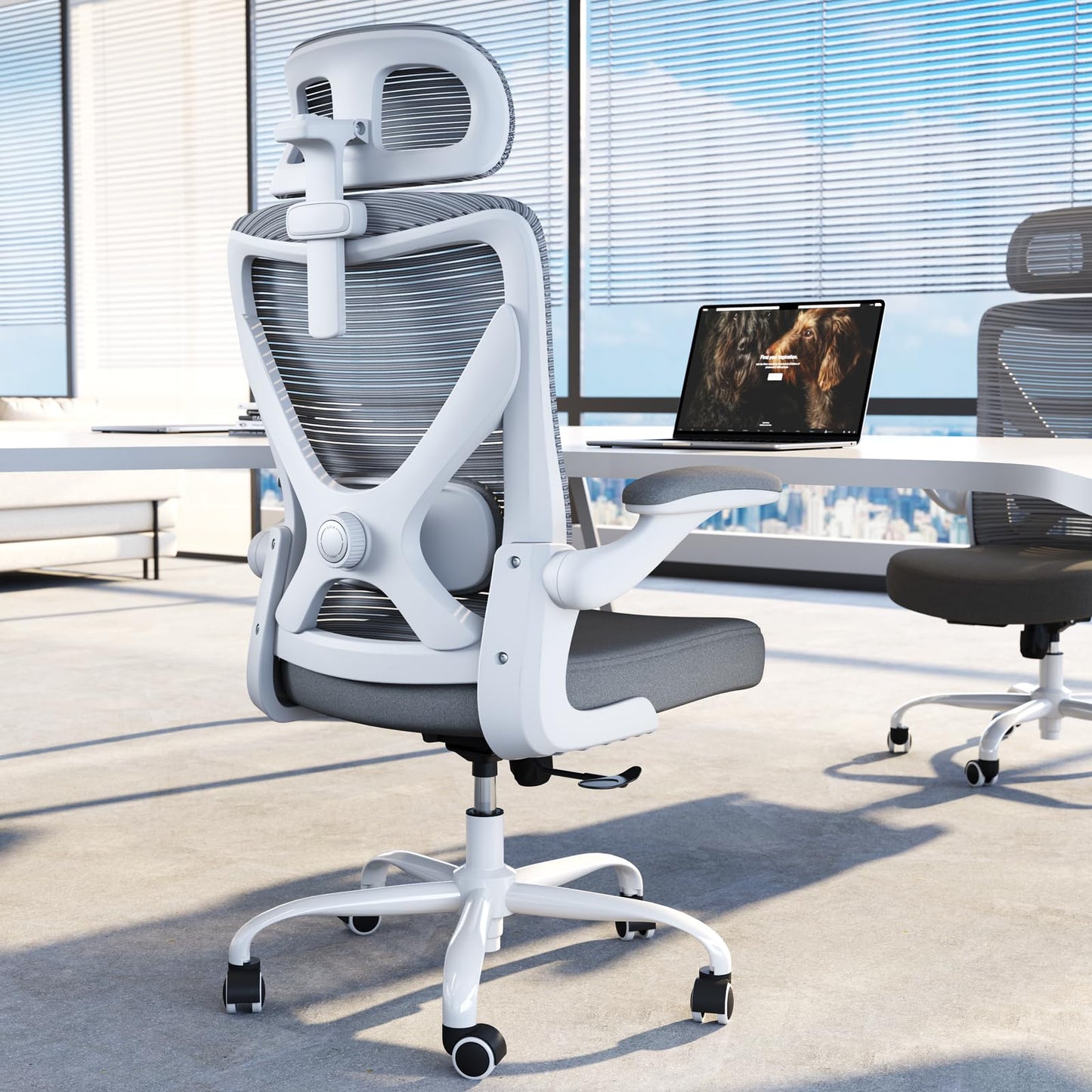 TRALT Ergonomischer Bürostuhl - X-förmiger bequemer Computer-Bürostuhl, Gaming-Stuhl, Bürostuhl mit Lendenwirbelstütze, Netz-Bürostuhl mit Kopfstütze (Grau-Silber)