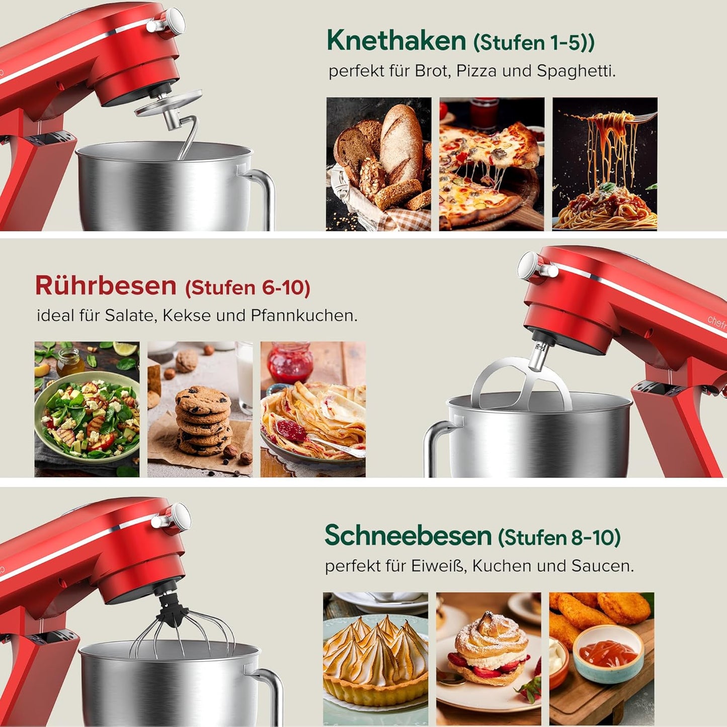 Chefree Knetmaschine Profi Küchenmaschine,7L Schüssel mit 3 Rührwerkzeuge, 1800W,LED-Touchscreen,10 Stufen,Knethaken Rühr- & Schneebesen,Planetenrührwerk,Rot,M500