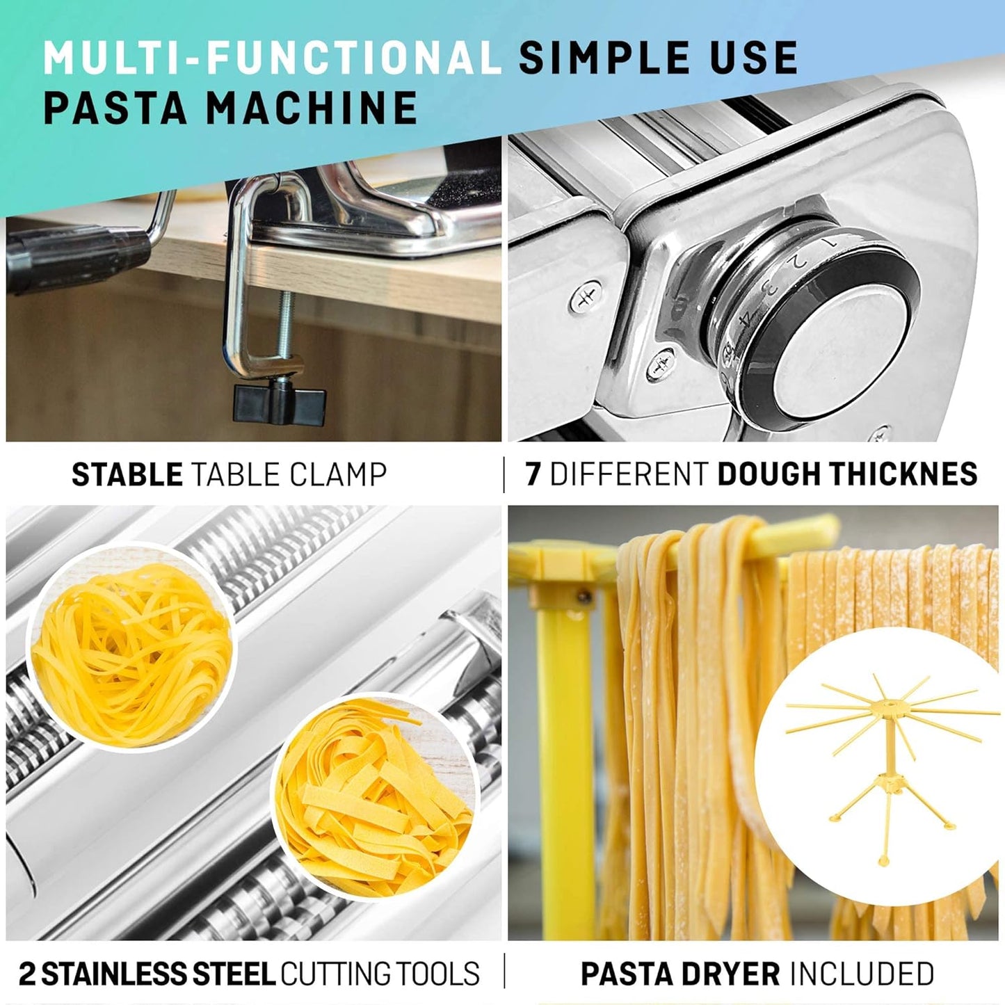 Manuelle Nudelmaschine mit Trockner - Multi-Pasta Edelstahl Rostfrei Italienische Flachteigmaschine 7 stufig einstellbar, scharfem Messer Klemme - Frische hausgemachte Nudeln, Spaghetti, Lasagne