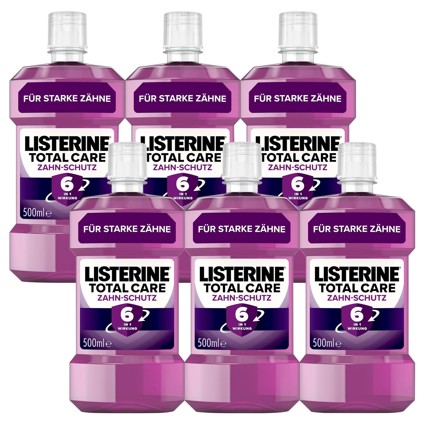 LISTERINE Total Care Zahn-Schutz (6 x 500 ml) - Testsieger Stiftung Warentest, 6 in 1 Wirkung, 24h frischer Atem, schützt gegen Karies & Zahnfleischprobleme, antibakterielles Mundwasser
