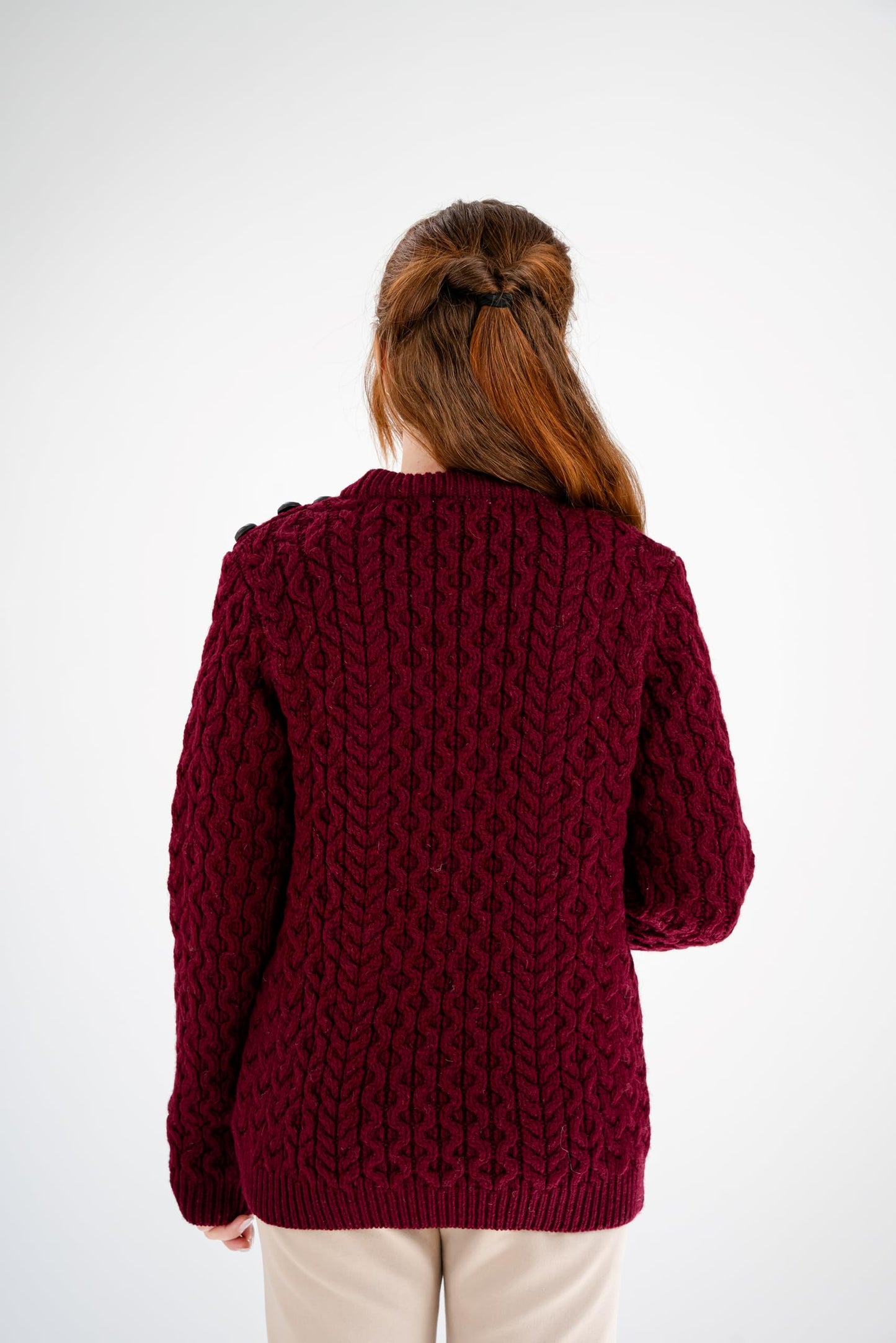 SAOL Women’s Merino Wool Sweater – Aran Knit with Side Buttons
