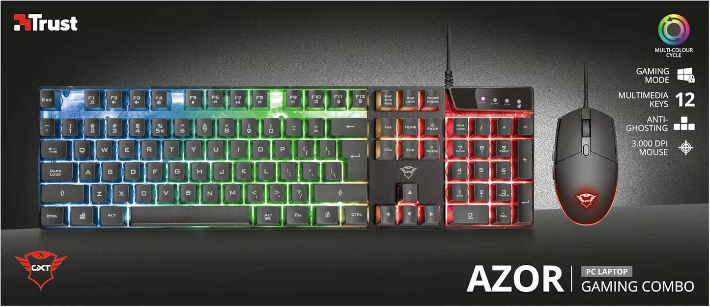 Trust Gaming GXT 838 Azor Gaming-Maus und Tastatur, italienisches Layout QWERTY, USB, Anti-Ghosting, Tastatur mit Hintergrundbeleuchtung LED RGB, Gaming-Maus 800-3000 DPI – Schwarz