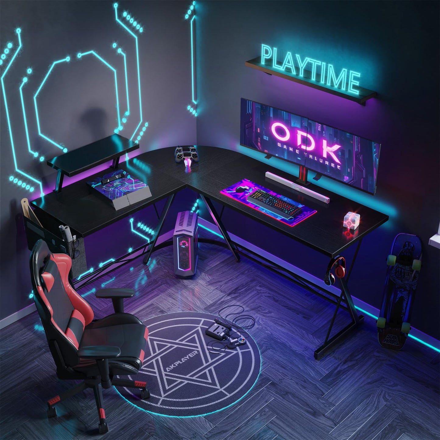 ODK Gaming Tisch, Gaming Schreibtisch Eckschreibtisch für Gamer, Schreibtisch L Form mit Monitorständer für Büro (Schwarz, 127 x 127 cm)