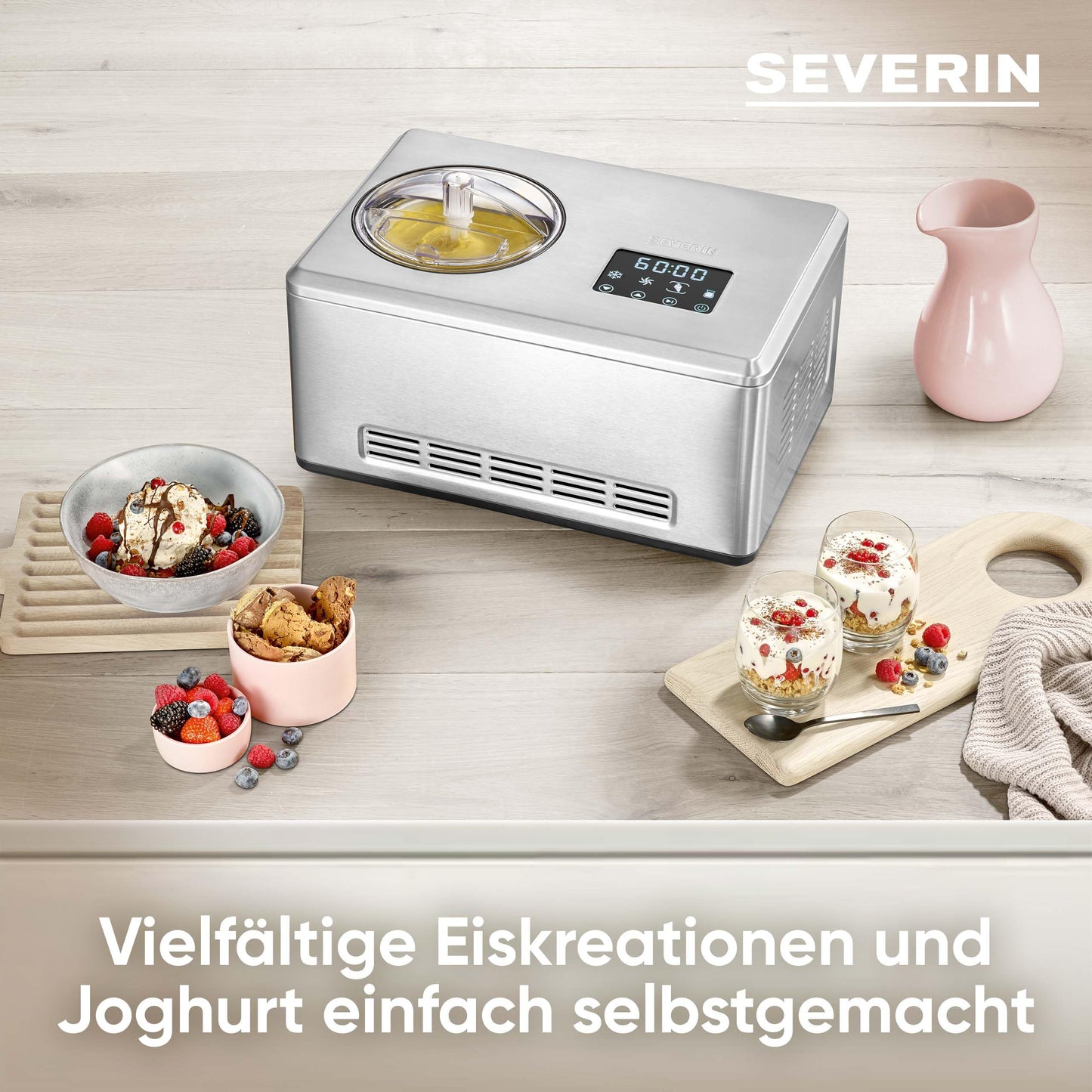 SEVERIN 2-in-1 Eismaschine mit Joghurtfunktion, Eismaschine mit Kompressor für Eis, Sorbet und Frozen Joghurt, Joghurtbereiter mit "warm & cold"-Funktion, Edelstahl-gebürstet, EZ 7405