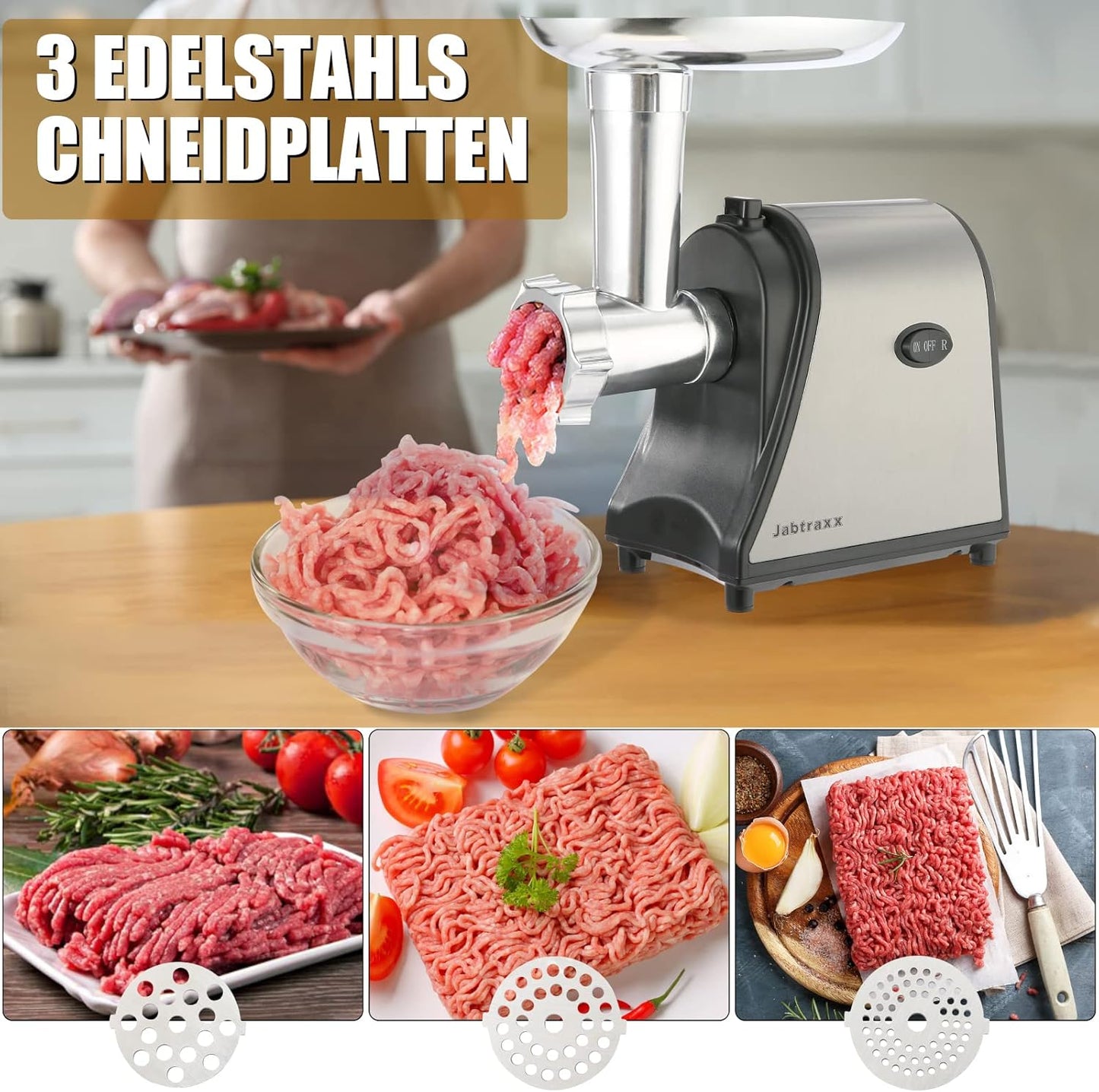 Elektrischer Fleischwolf Wurstfüller Fleischhackfleisch 2000 W 5in1: für Fleisch, Kebbe, Gemüse, Salat, Spritzgebäck | Vor-und Rücklauf | 2 Leistungsstufen
