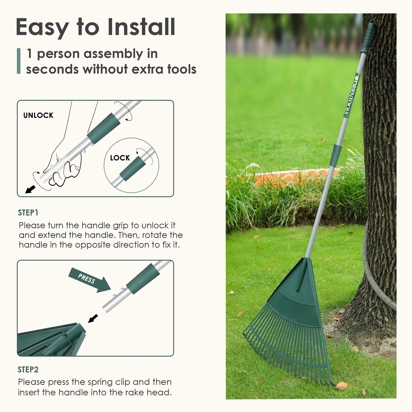 ORIENTOOLS Garten Laubrechen, Garten Rechen für Rasen Laub mit verstellbarem Griff 107 bis 156 cm Rechen, 22 Starke Zinken Kunststoff Kopf Strauch Rechen, Landschaftsbesen für Rasen und Blätter