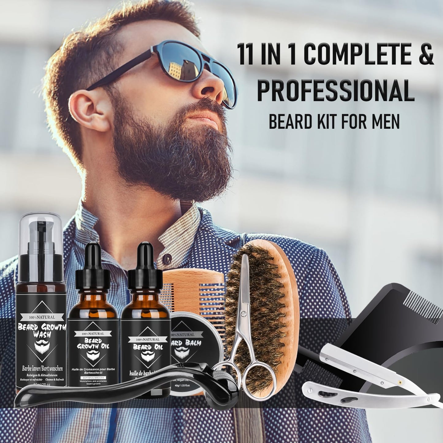 CUSMAY Bartpflege Set für Männer 9 Teilig,Geschenke Bart Set Herren mit Natürlich Bartshampoo,Bartöl,Bartbalsam,Bartkamm,Bartbürste,Bartschere, Männer Geschenkset für Vatertag Valentinstag Weih