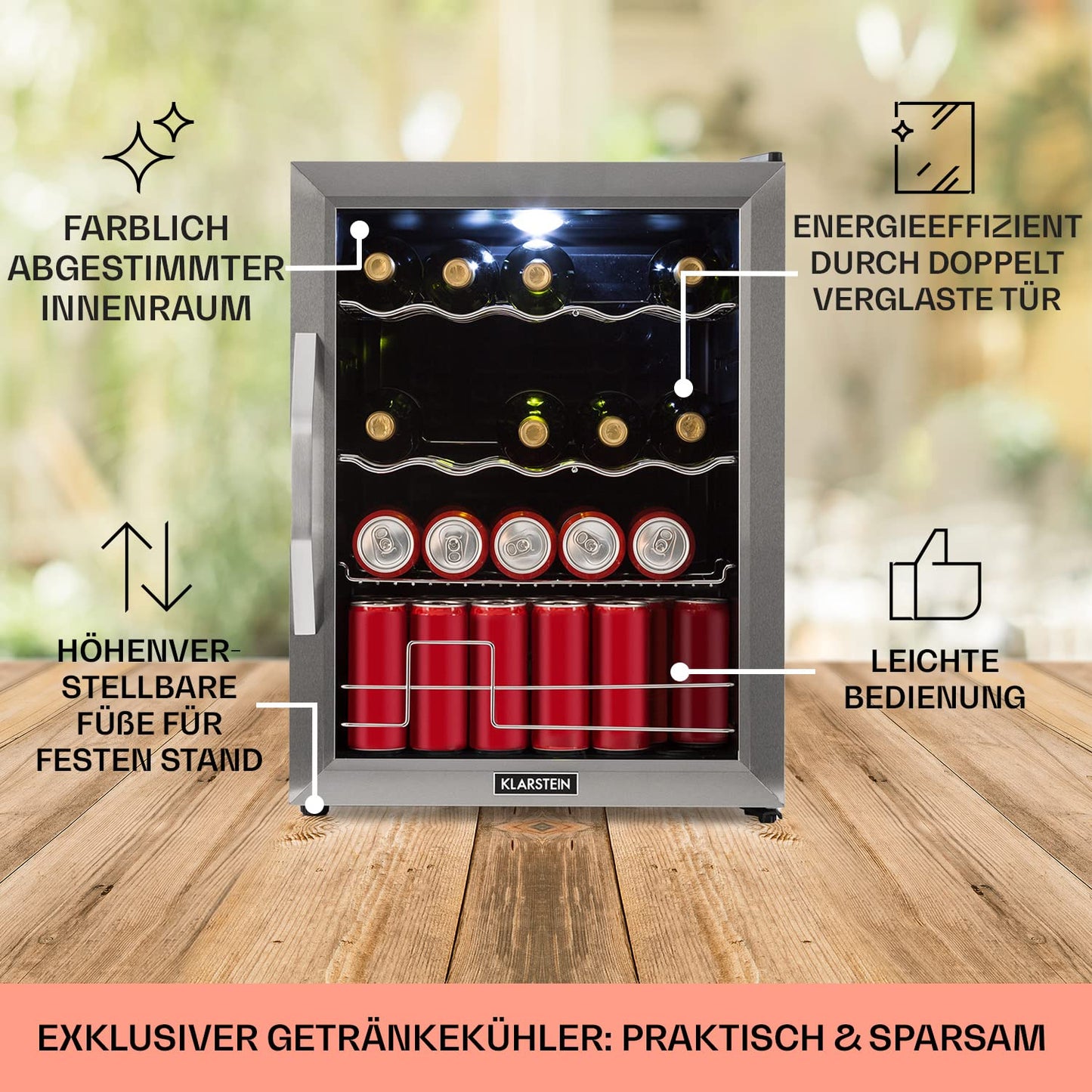 Klarstein Mini Fridge with Glass Door, Mini, for Room, Drinks Fridge Small with Adjustable Shelves, with Waveform Racks, 60 Liter Refrigerator Quiet
