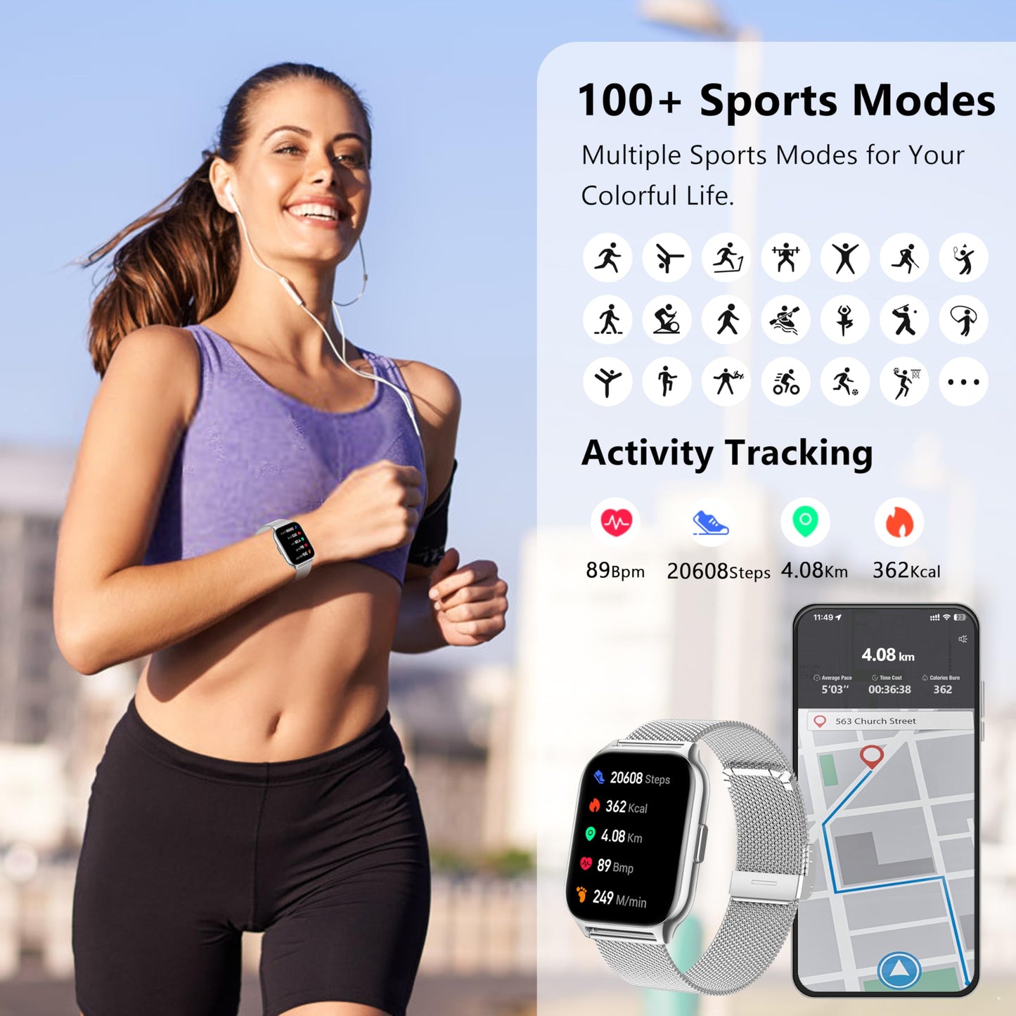 Narcid Smartwatch Damen Herren,2`Zoll mit Telefonfunktion/Sprachassistent/Message Reminder,Fitnessuhr Puls-Schlaf-Monitor,Schrittzähler Sportuhr für iOS/Android(2 Armbänder)