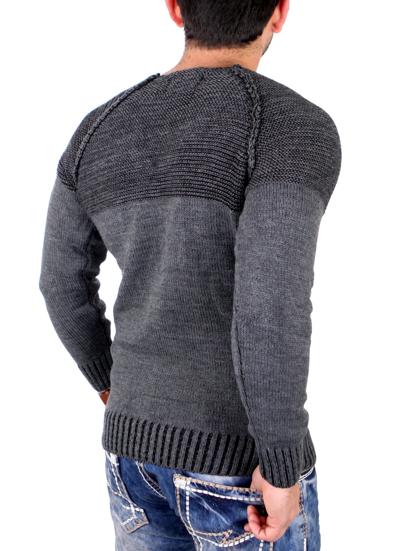 Reslad Men’s Two-Tone Chunky Knit Sweater – Slim Fit Crewneck Pullover