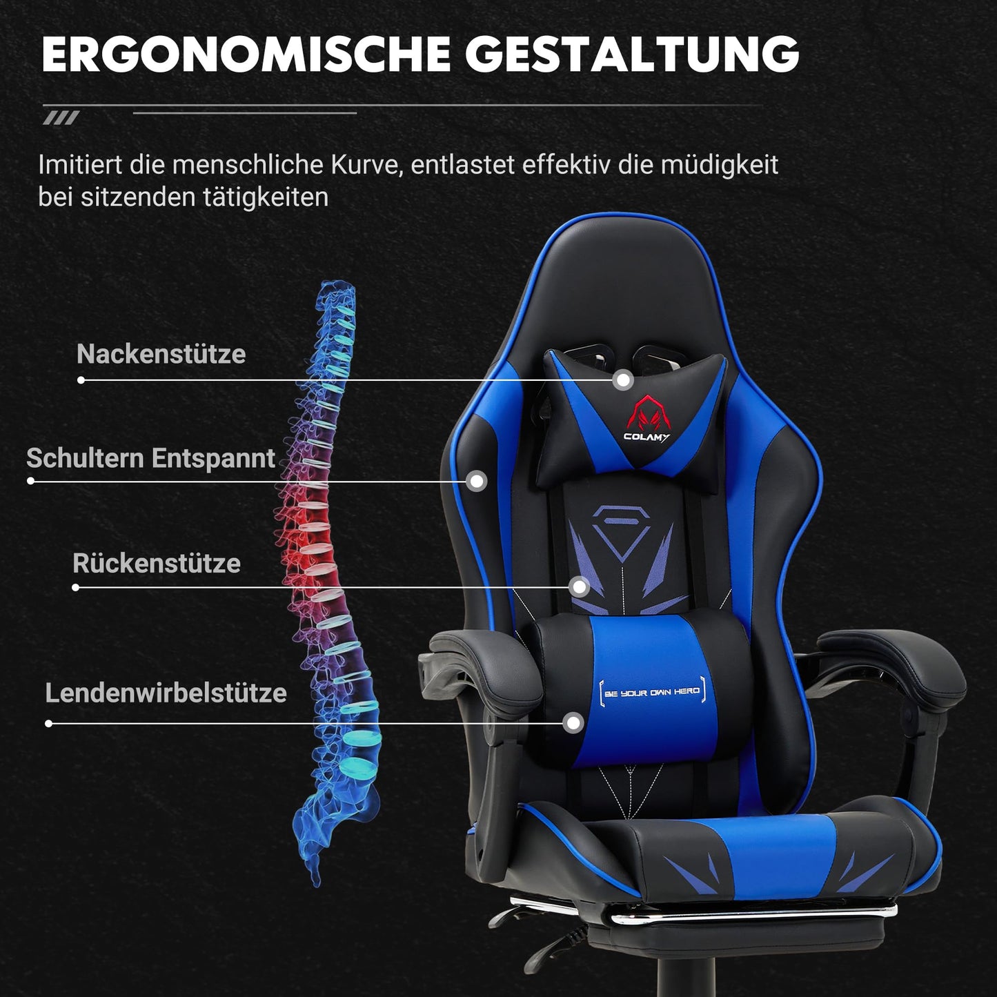 COLAMY Gaming Stuhl, Computer Stuhl mit Fußstütze und Lendenwirbelstütze, höhenverstellbarer Gaming Chair mit 360°-Drehsitz und Kopfstütze, Video Gamer PC Stuhl, Ergonomische hohe Rückenlehne, Weiß
