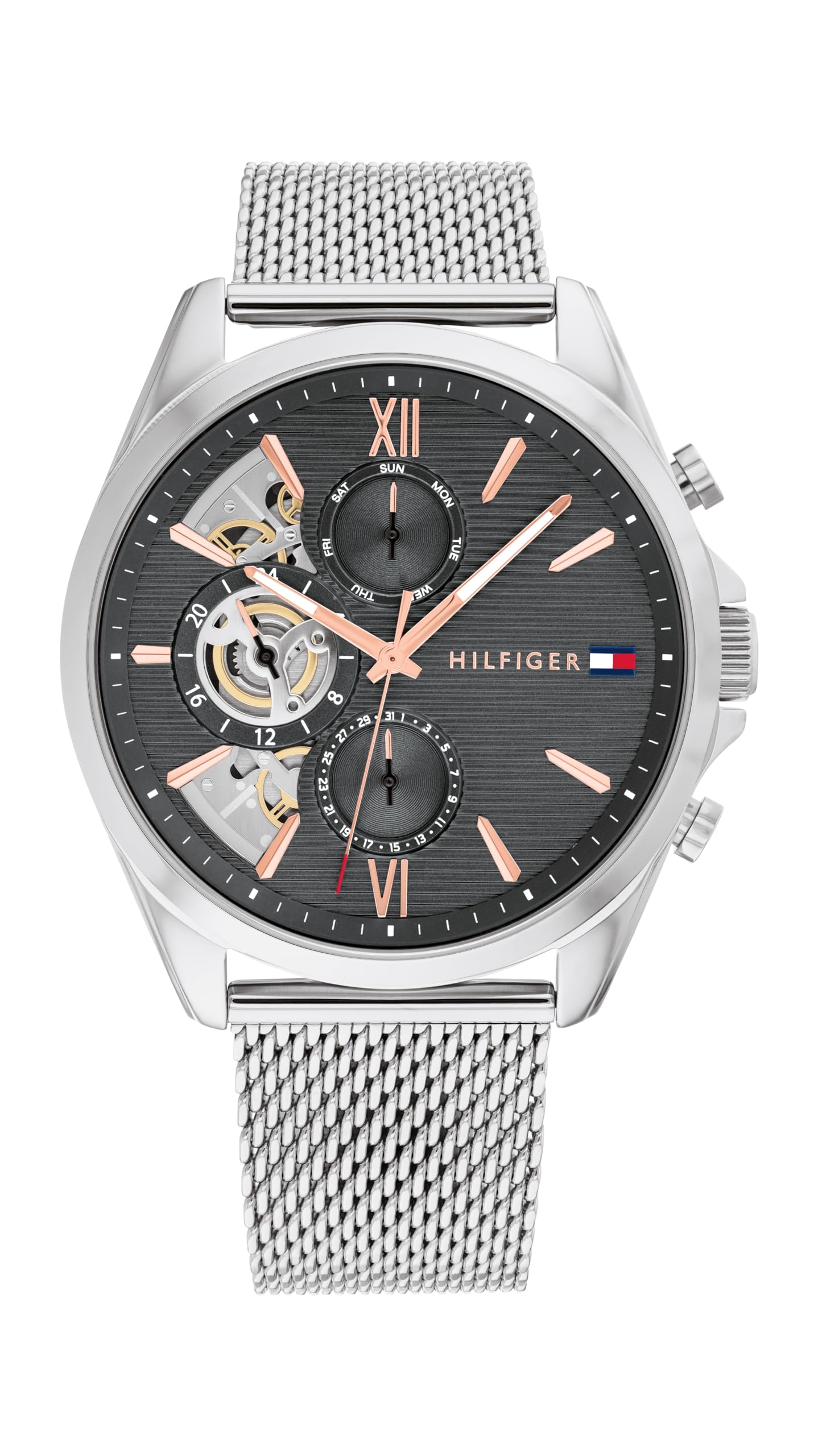 Tommy Hilfiger Multi Zifferblatt Quarz Uhr für Herren mit Silbernes Edelstahl-Mesh-Gliederarmband und Lederarmband