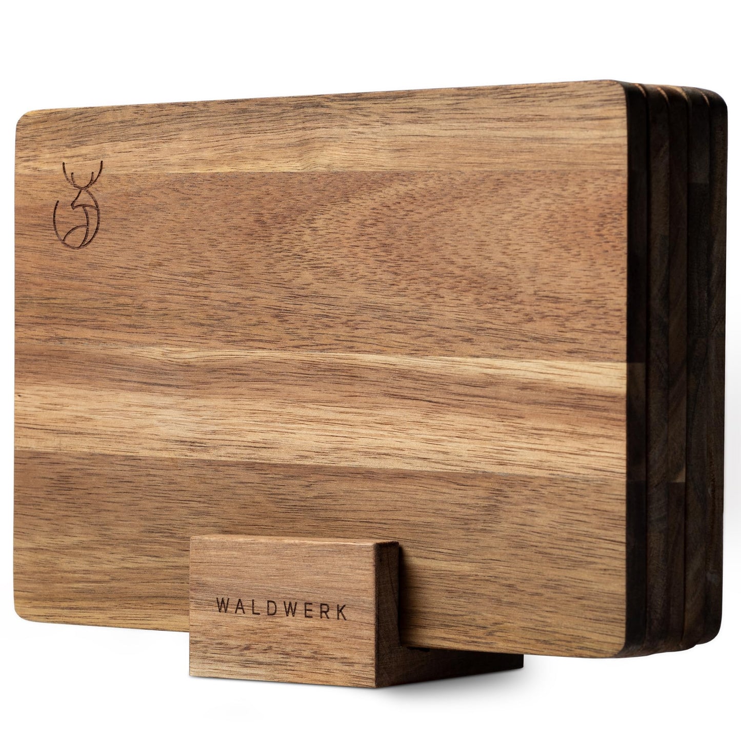 WALDWERK Set of 3 Solid Acacia Chopping Boards (40 x 30 cm / 33 x 24 cm / 26 x 18 cm), with Board Stand, 2 cm Thick Wooden Boards with Juice Groove, Designer Chopping Board Set