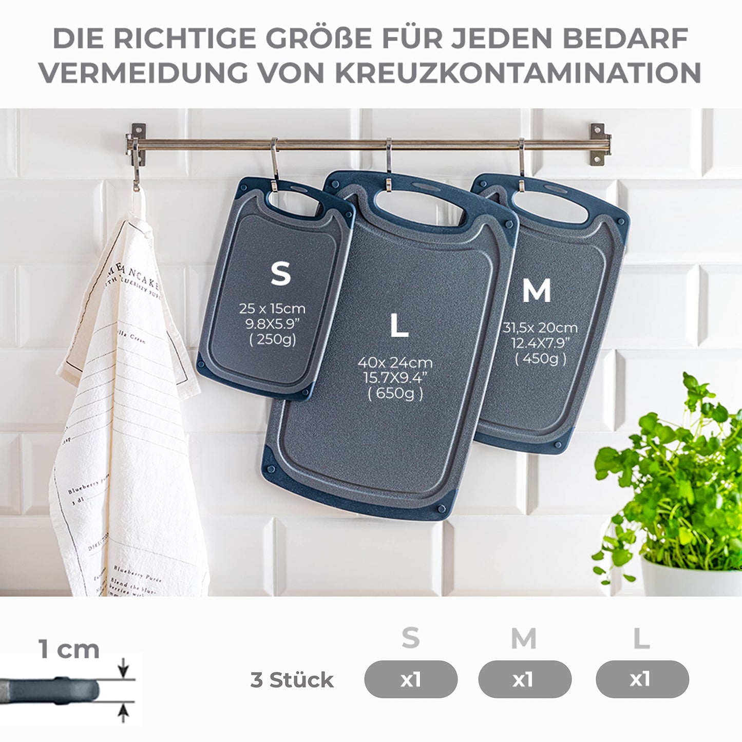Exitoso 3-Piece Innovative Chopping Board Set | Non-Slip with Juice Groove and Handle | Dishwasher Safe | Antibacterial | Grey/Black Plastic