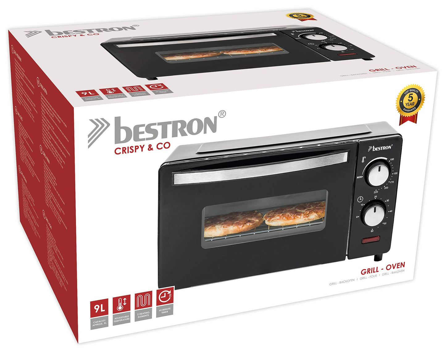 Bestron AOV9 Kompakter Mini-Backofen mit Ober-/Unterhitze, 9 Liter, 800 Watt, Schwarz