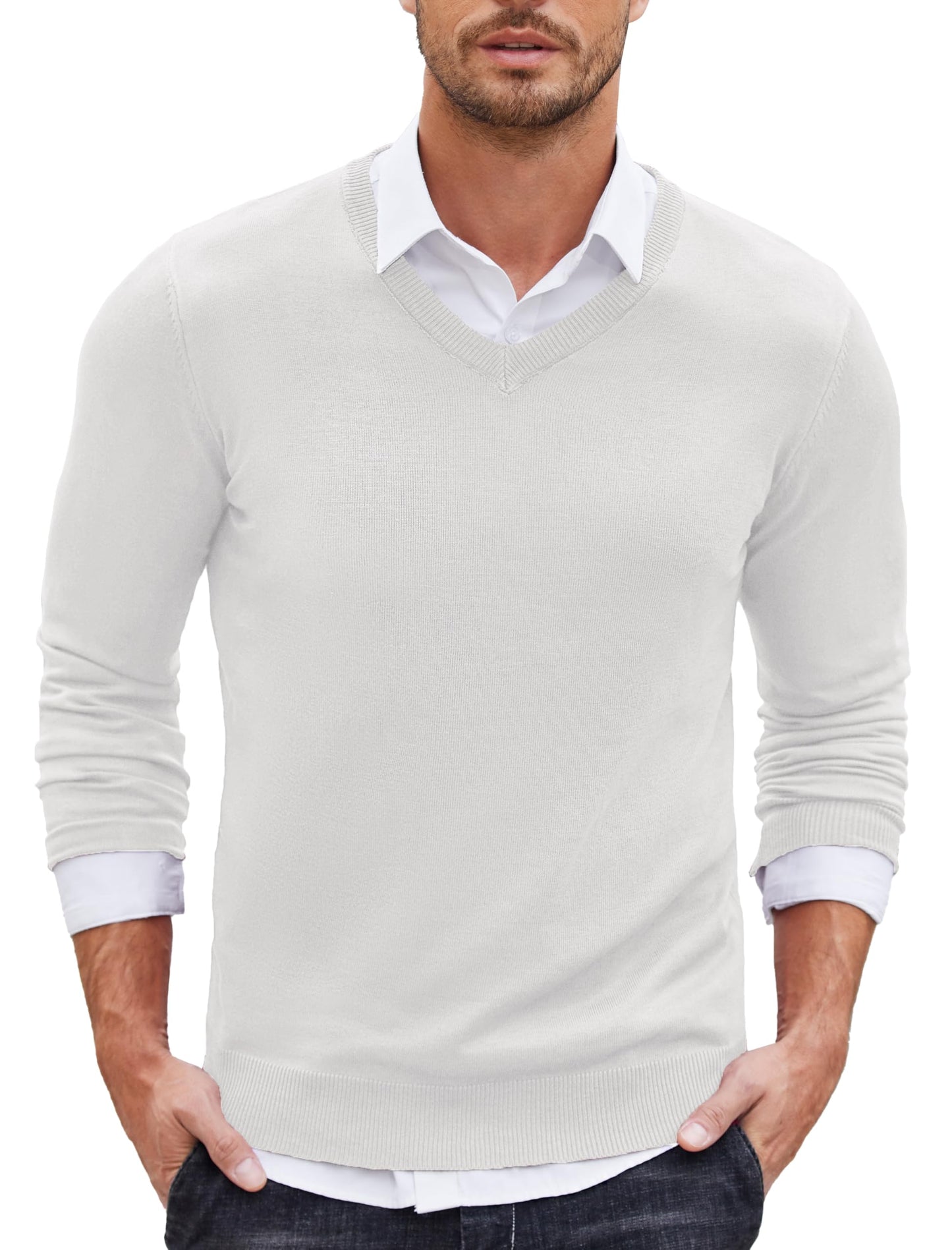 COOFANDY Men’s V-Neck Knit Sweater – Classic Long Sleeve Pullover