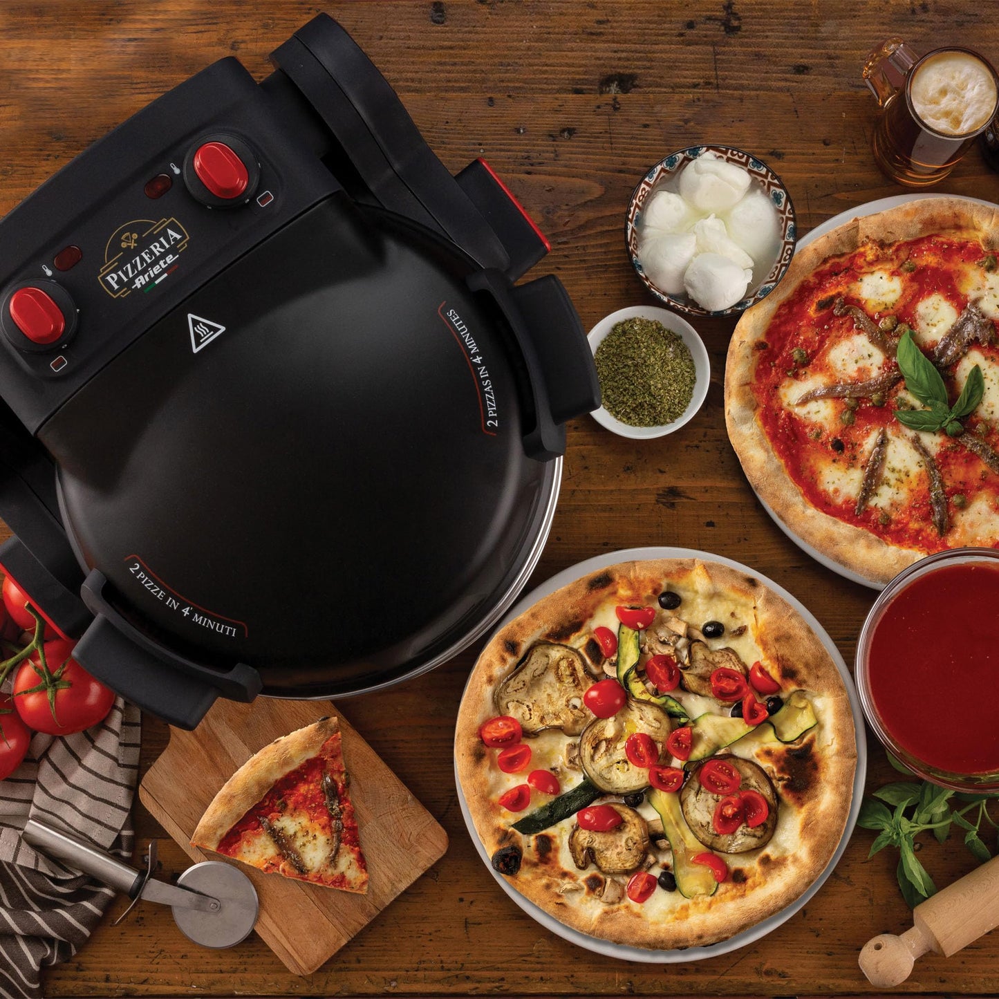 Ariete Pizzaofen 919, 4-Minuten-Pizza, Pizzaofen mit 5 Garstufen, Feuerfeste Platte zum Wiederaufwärmen, Holzbrettchen im Lieferumfang Enthalten, Max. Temperatur 400°C, 1200W, Rot