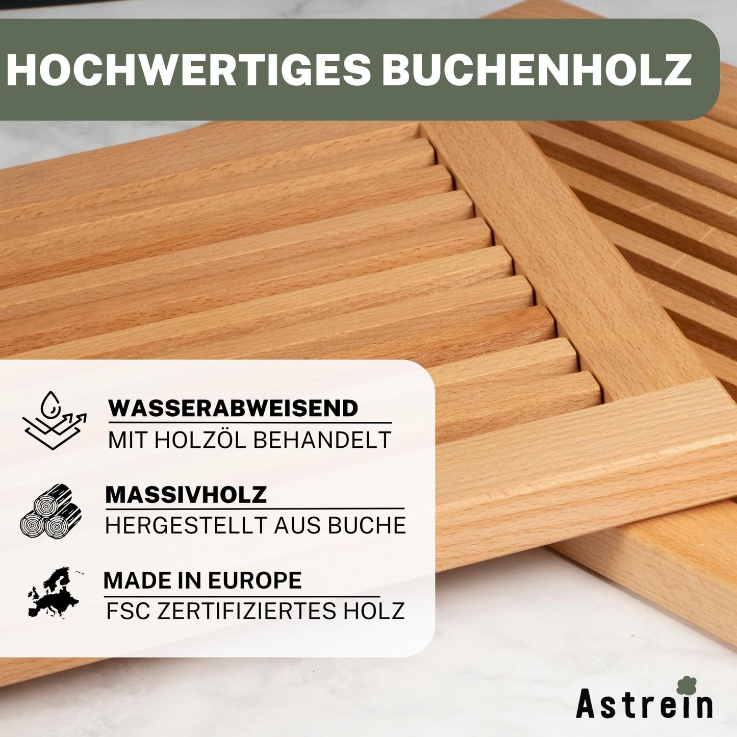 ASTREIN | Brotschneidebrett mit Krümelrost aus massivem BUCHENHOLZ | Holzschneidebrett | Schneidebrett für Brot mit Auffangschale | 40 x 25 cm | leicht zu reinigen | Made in Europe (40 x 25 cm)