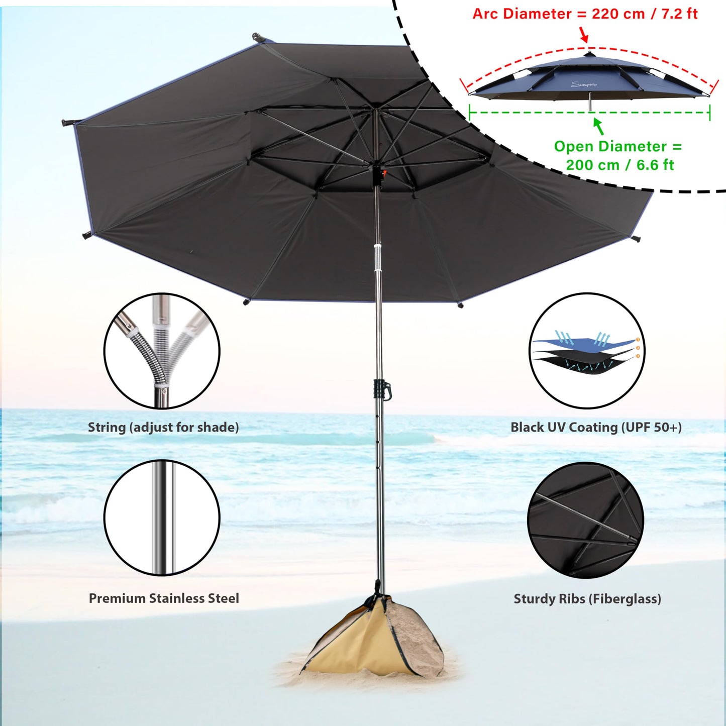 Sunphio Sonnenschirm Strand 220 cm, Windfest Stabil, Strandschirm Groß Klein, Leicht für Reise, UV Schutz 50, Beach Sonnenschutz Tragbar mit Erdspieß