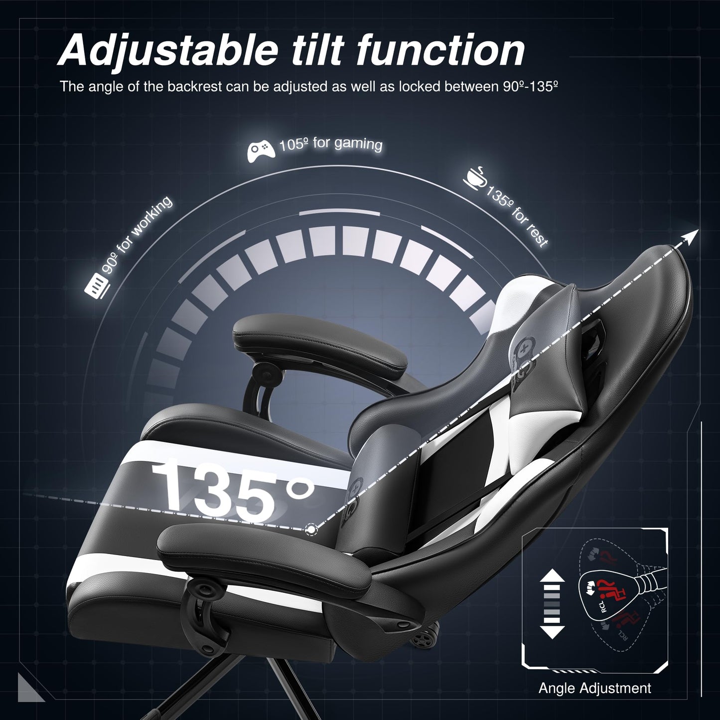 OneGame Ergonomischer Gaming Stuhl, hoher Rücken Computer Gamer Stuhl, höhenverstellbarer Game Stuhl, Racing Style Gaming Bürostuhl mit Kopfstütze und Lendenwirbelstütze, Schwarzweiß