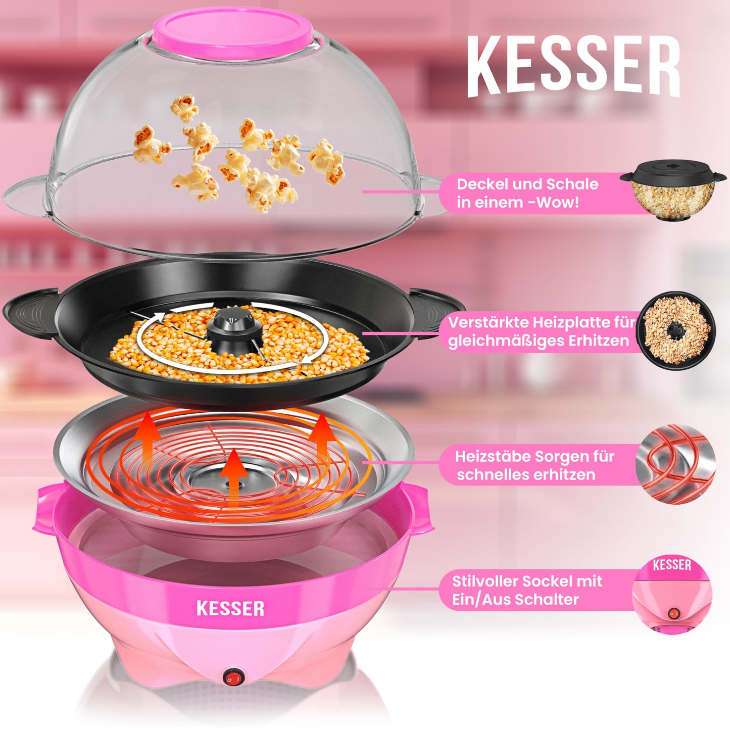 KESSER® Popcornmaschine Groß 800W | Popcorn-Maker 5,5l Inhalt mit Antihaftbeschichtung Deckel & Servierschale | für Öl Butter Zucker Stille & Schnelle inkl. abnehmbarer Heizfläche