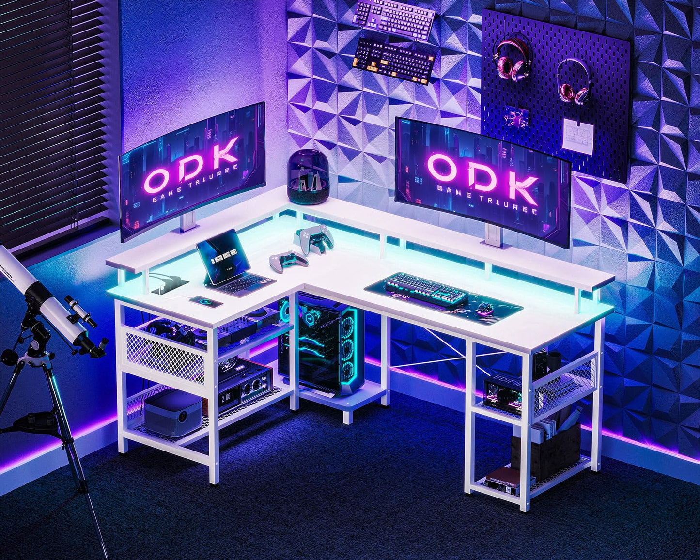 ODK Gaming Tisch mit LED, Reversibel Gaming Schreibtisch mit 2 Steckdosen & 2 USB-Ladeanschlüssen, Eckschreibtisch Groß mit Netzablage, Schwarz 150×102cm