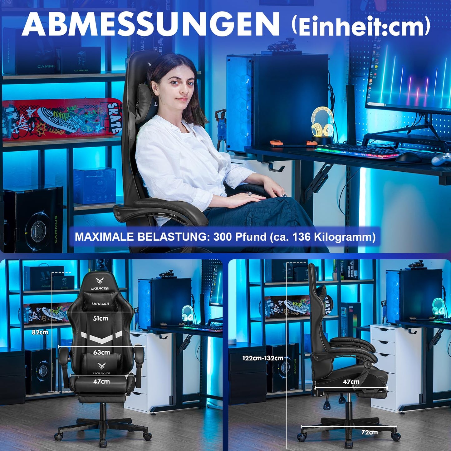 LUCKRACER Gaming Stuhl mit fußstütze Bürostuhl Ergonomisch mit verstellbare Lendenkissen, Kopfkissen Gaming Chair,Höhenverstellbarer Gamer Stuhl, 150 kg Belastbarkeit Grau