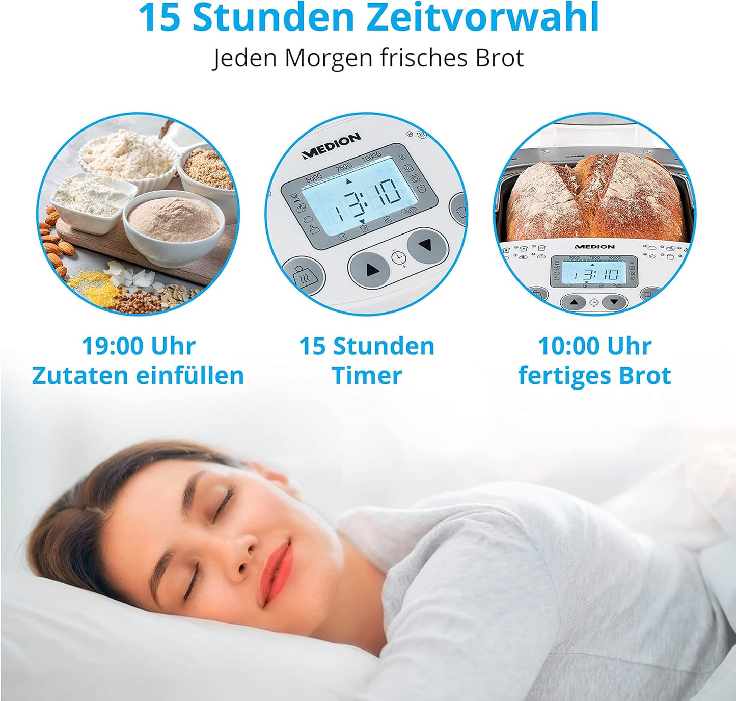 MEDION Brotbackautomat (Brotbackmaschine, 550 Watt, bis zu 1000g, 19 Backprogramme, 3 Bräunungsgrade, Warmhaltefunktion, Zeitvorwahl